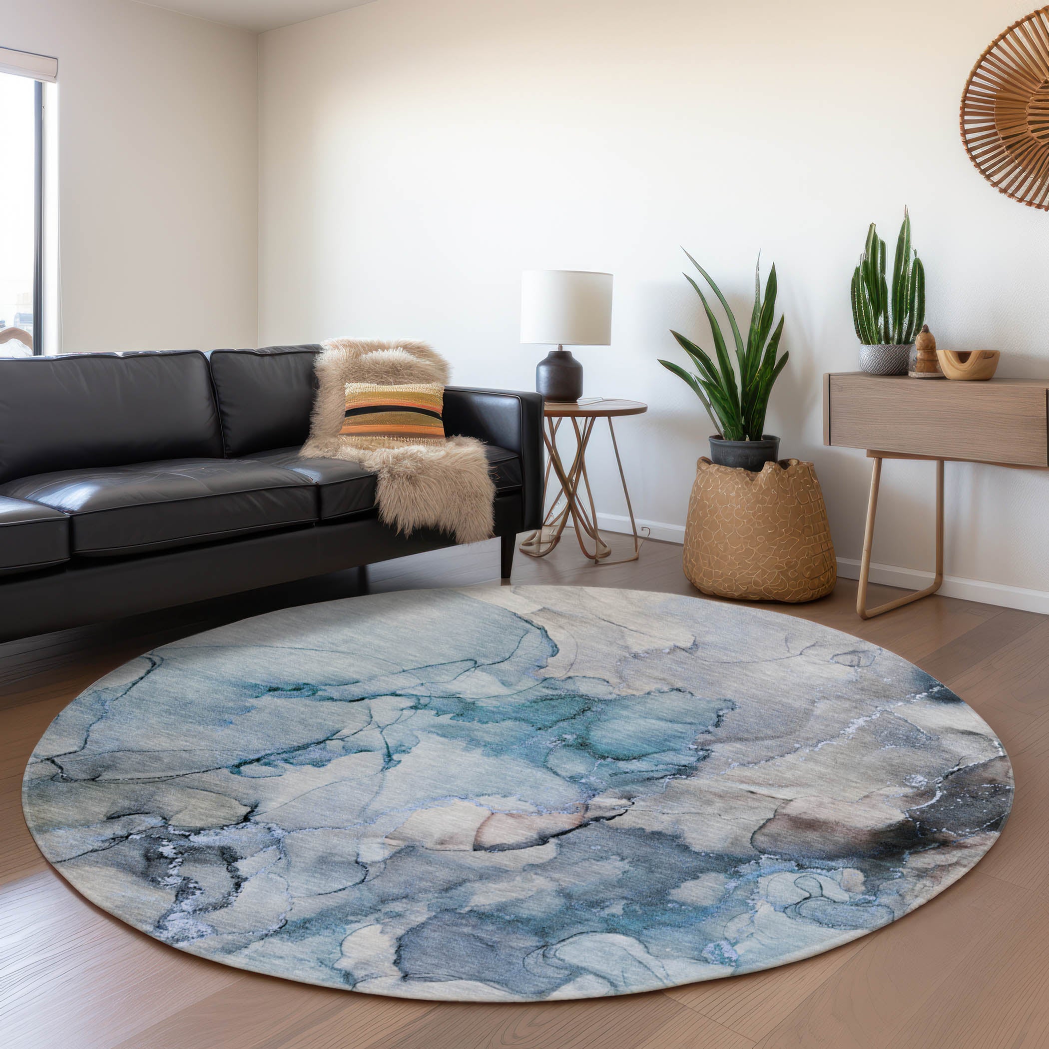 Marrakech Machine Washable Transitional Blue Rug 8' x 8' #shape_Round