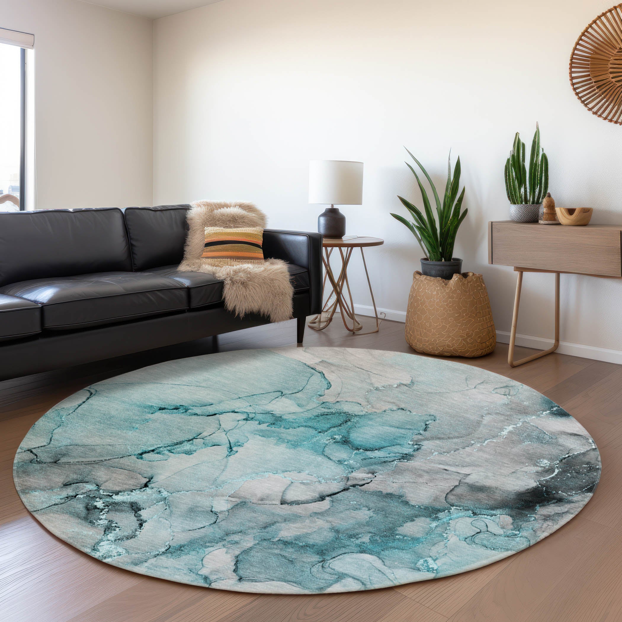 Marrakech Machine Washable Transitional Teal Rug 8' x 8' #shape_Round