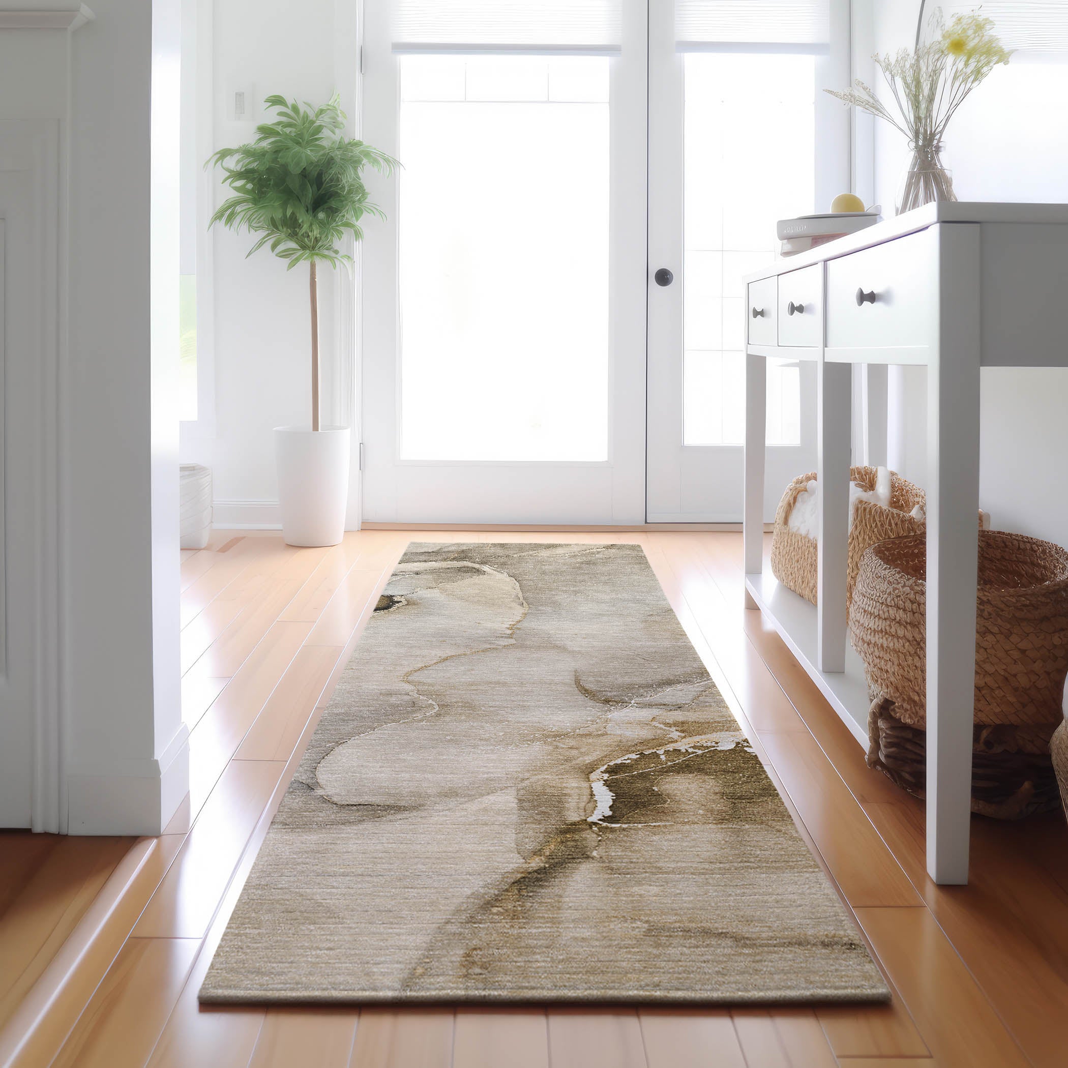 Budapest Machine Washable Transitional Beige Brown Rug 2'3" x 7'6" #shape_Runner