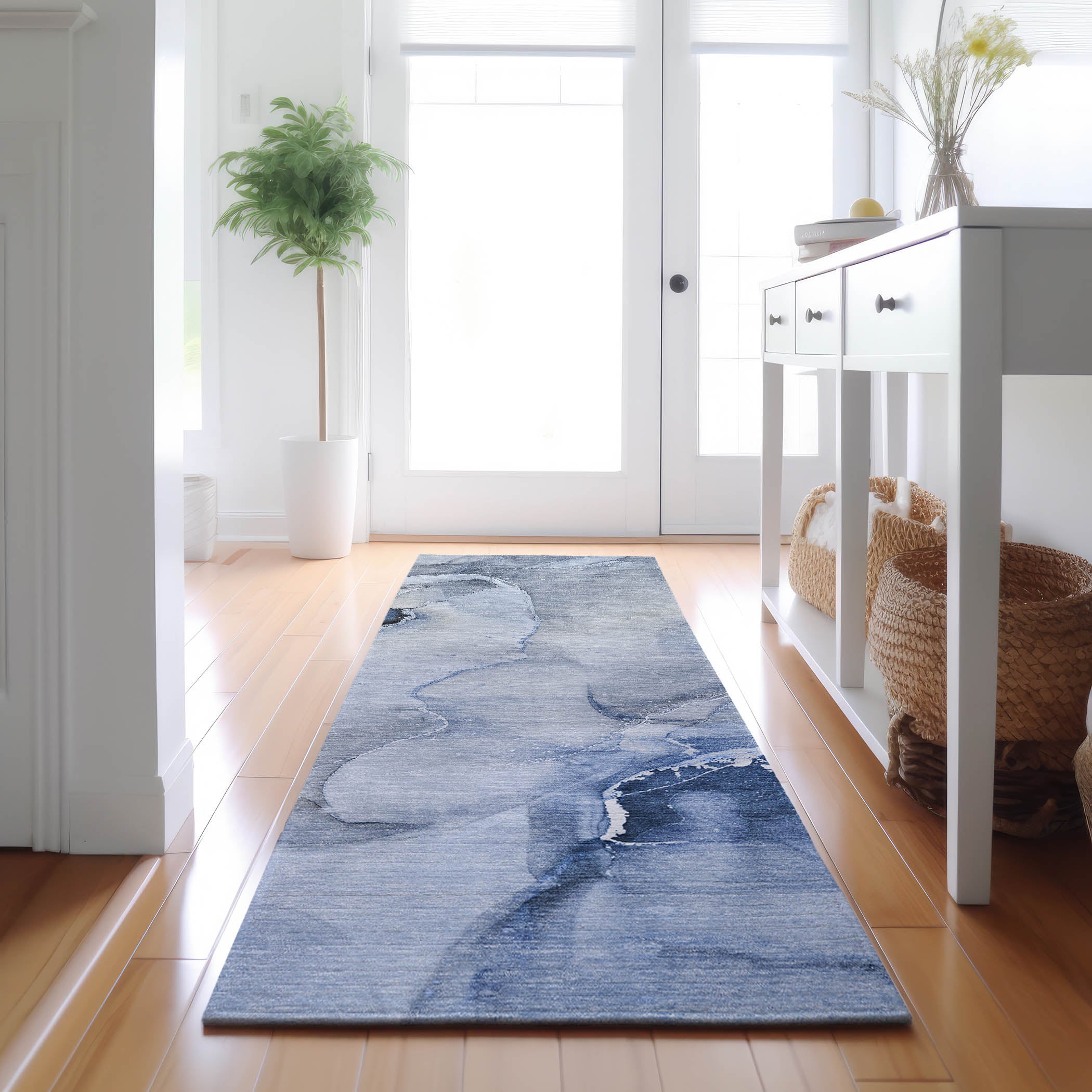 Budapest Machine Washable Transitional Blue Rug 2'3" x 7'6" #shape_Runner