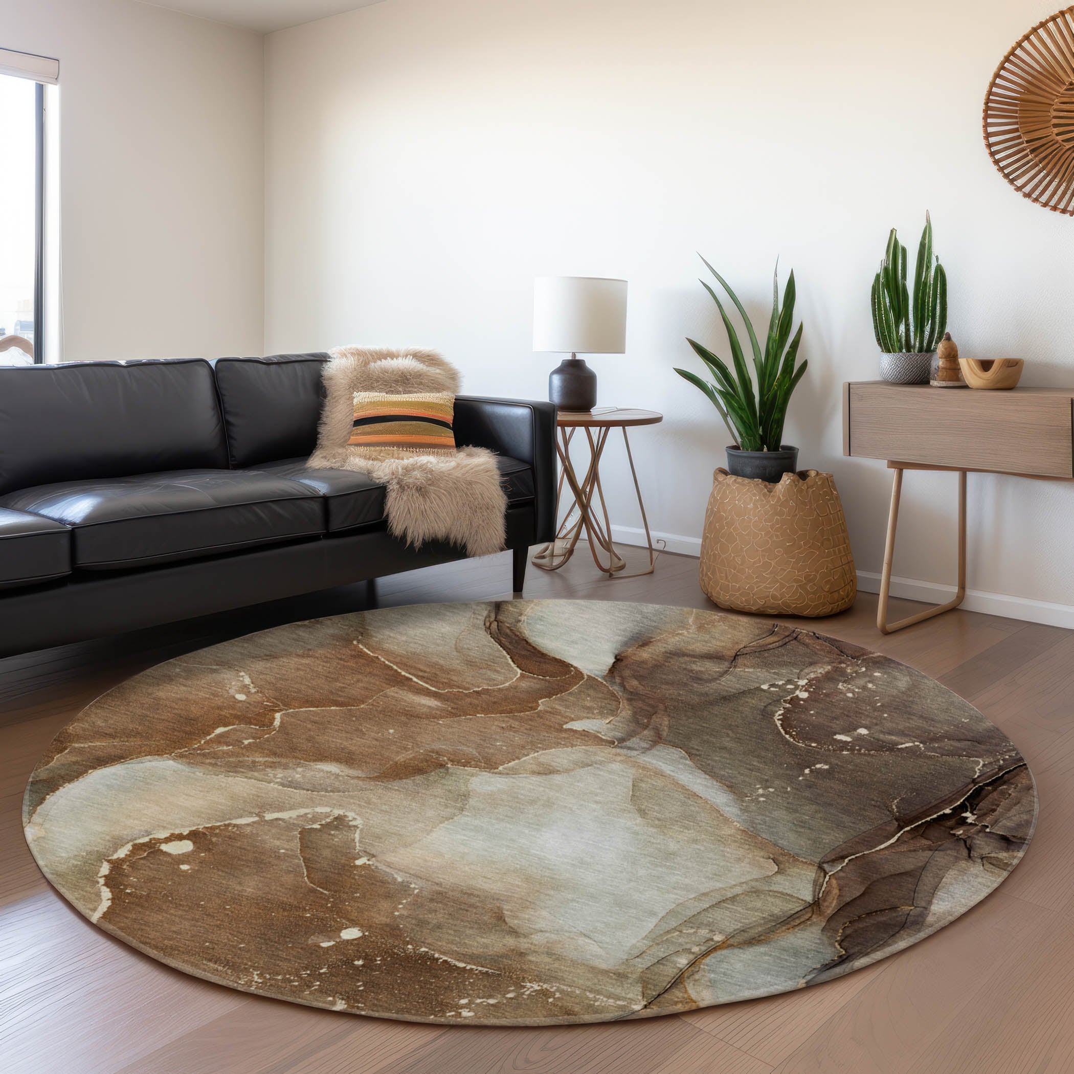 Valletta Machine Washable Transitional Brown Rug 8' x 8' #shape_Round