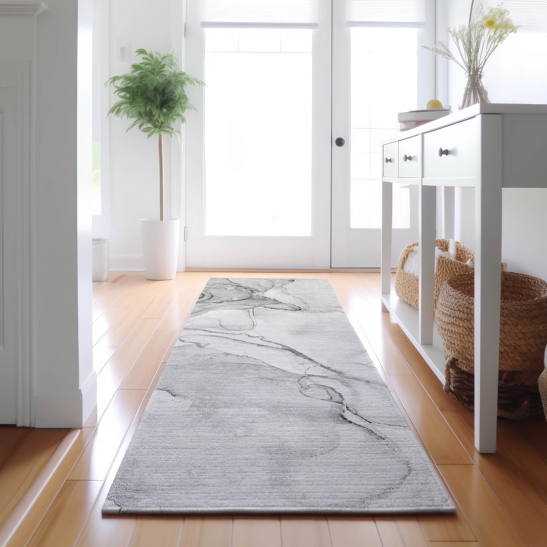 Zanzibar Machine Washable Transitional Silver Gray Rug 2'3" x 7'6" #shape_Runner