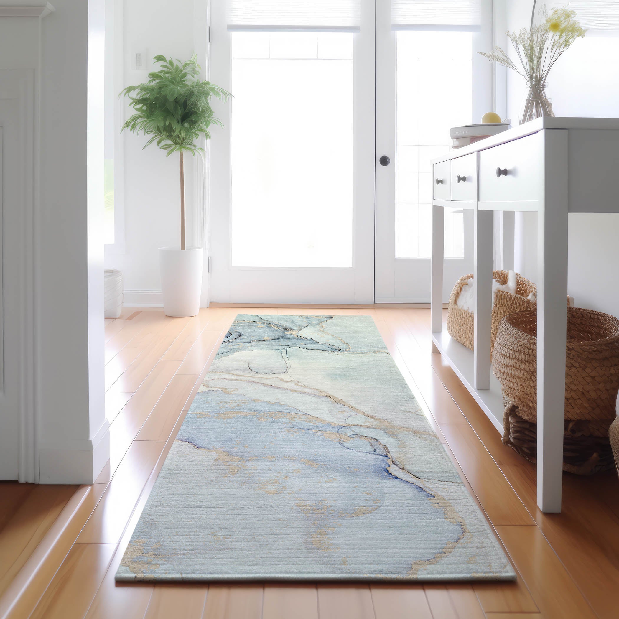 Zanzibar Machine Washable Transitional Sky Blue Rug 2'3" x 7'6" #shape_Runner
