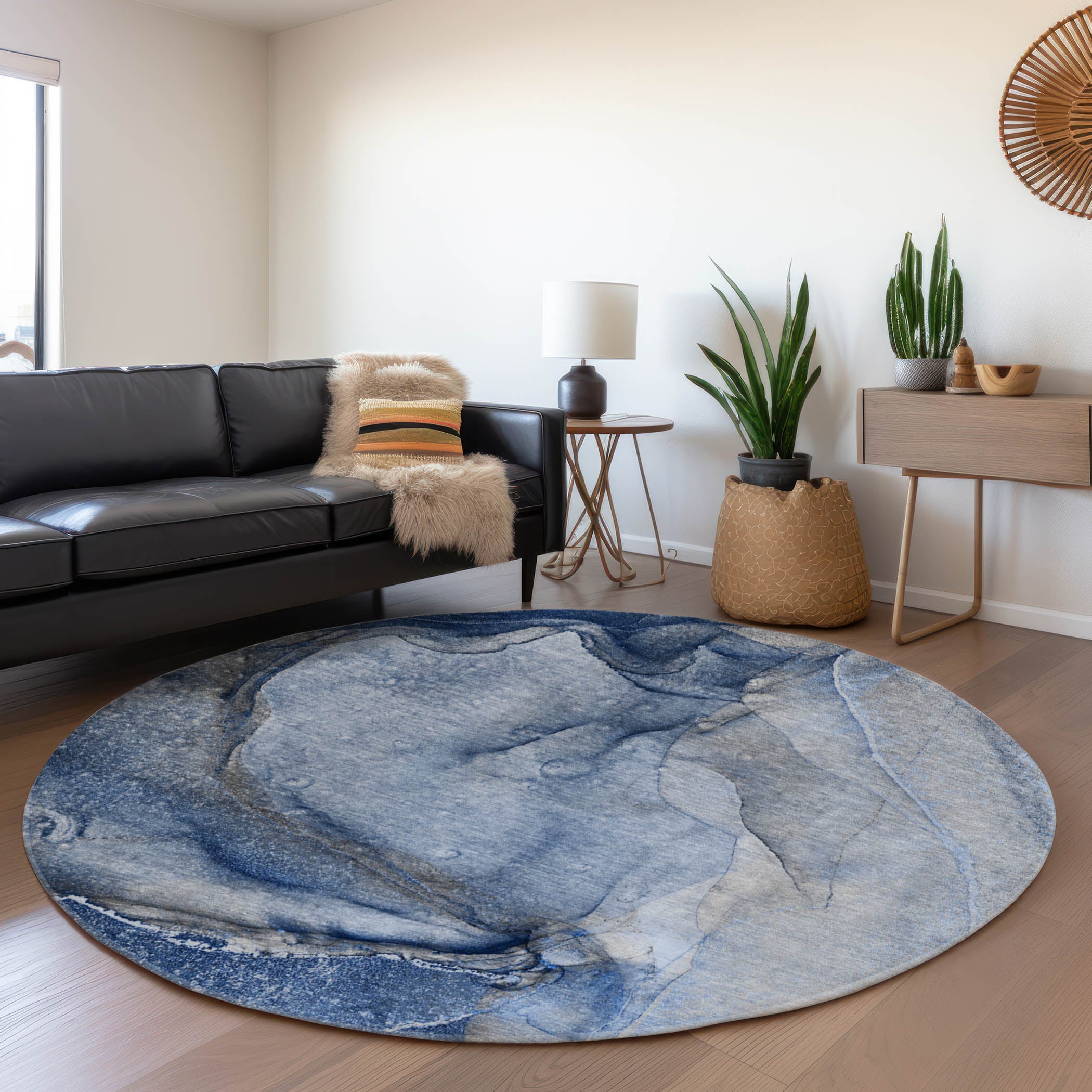 Bogota Machine Washable Transitional Navy Blue Rug 8' x 8' #shape_Round