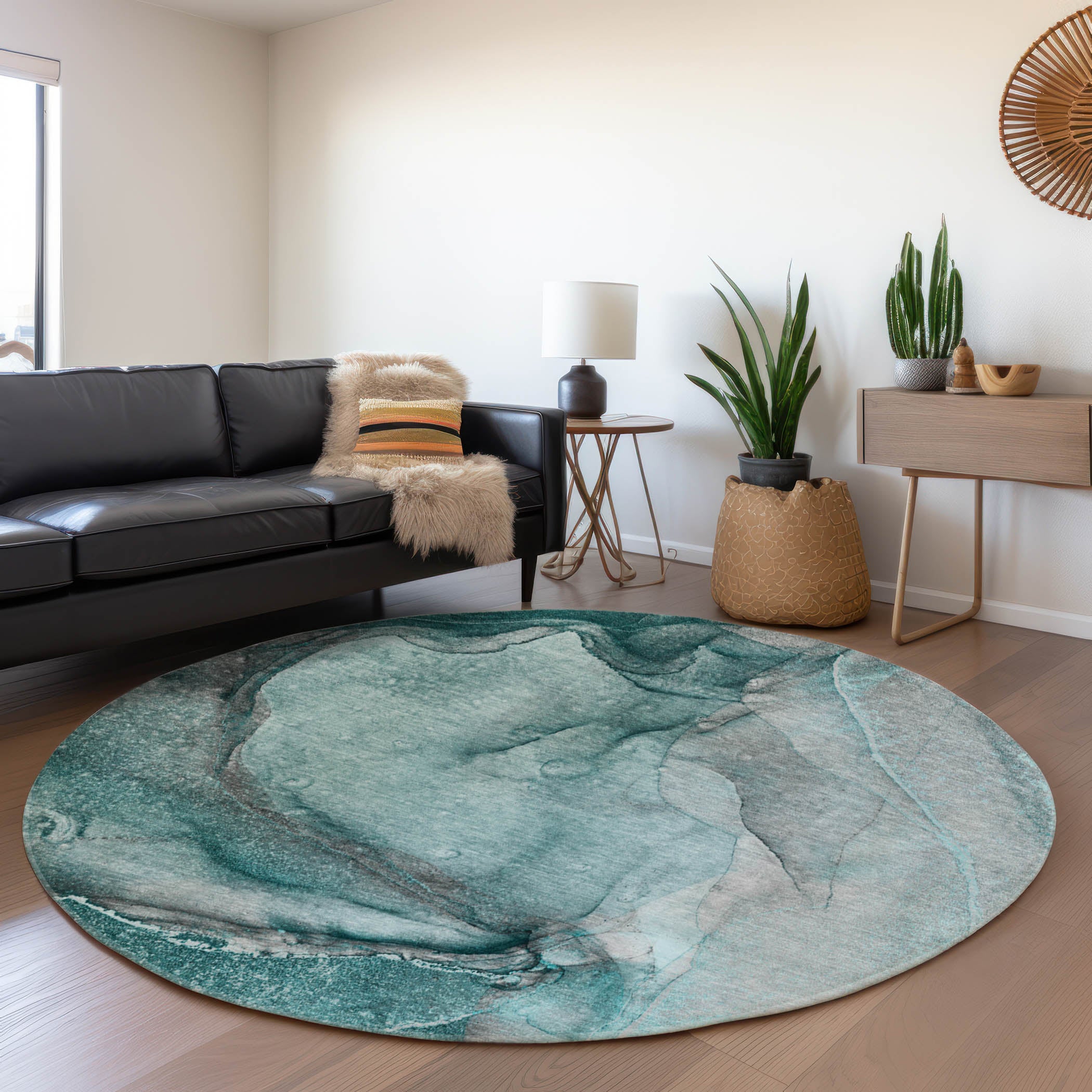 Bogota Machine Washable Transitional Teal Rug 8' x 8' #shape_Round