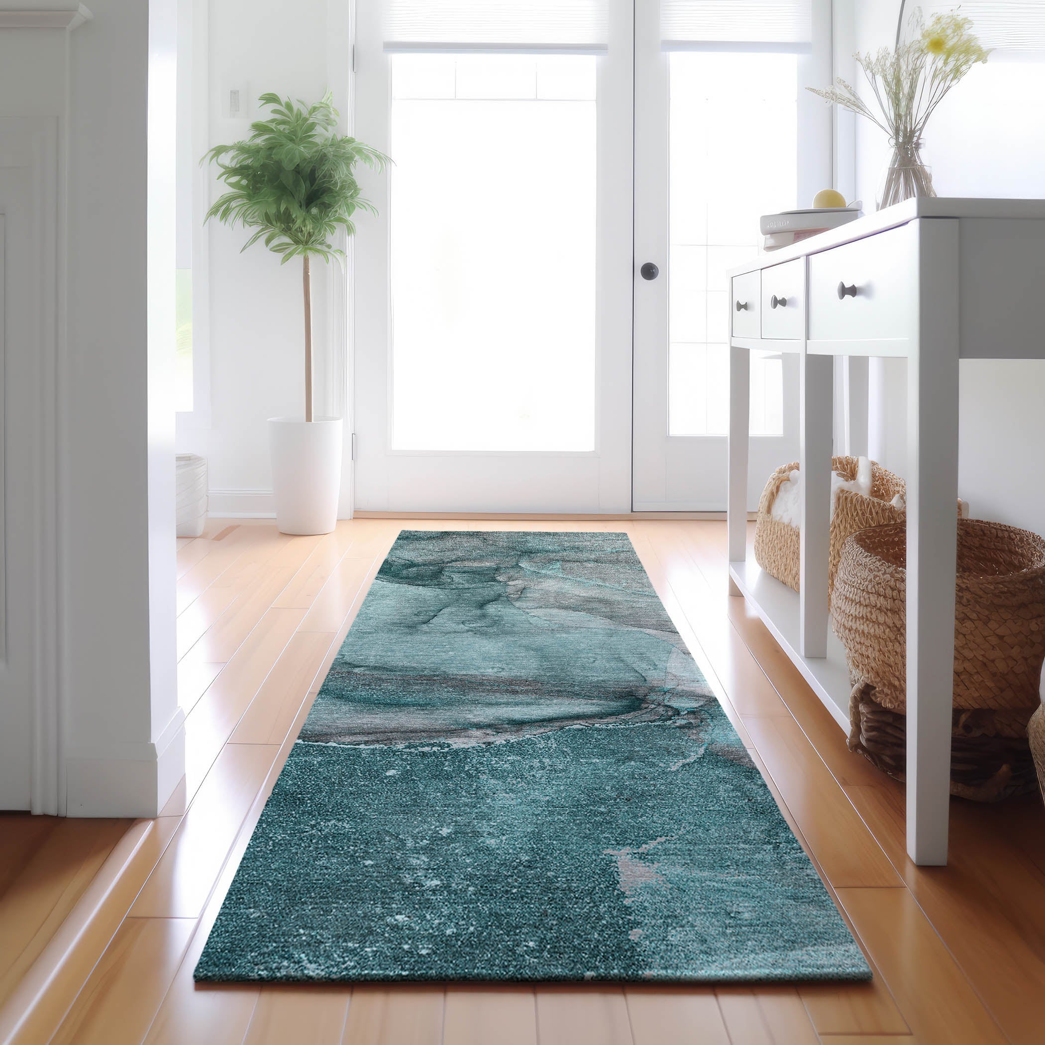 Bogota Machine Washable Transitional Teal Rug 2'3" x 7'6" #shape_Runner