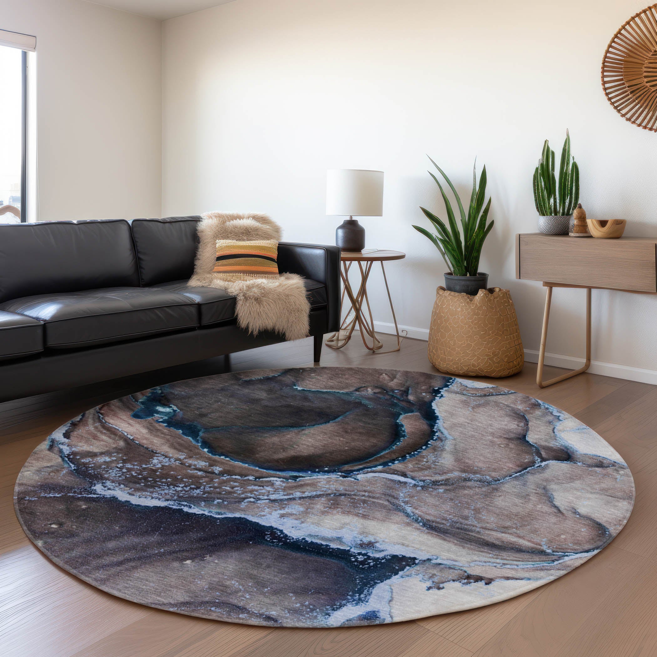 Tallinn Machine Washable Contemporary Navy Blue Rug 8' x 8' #shape_Round