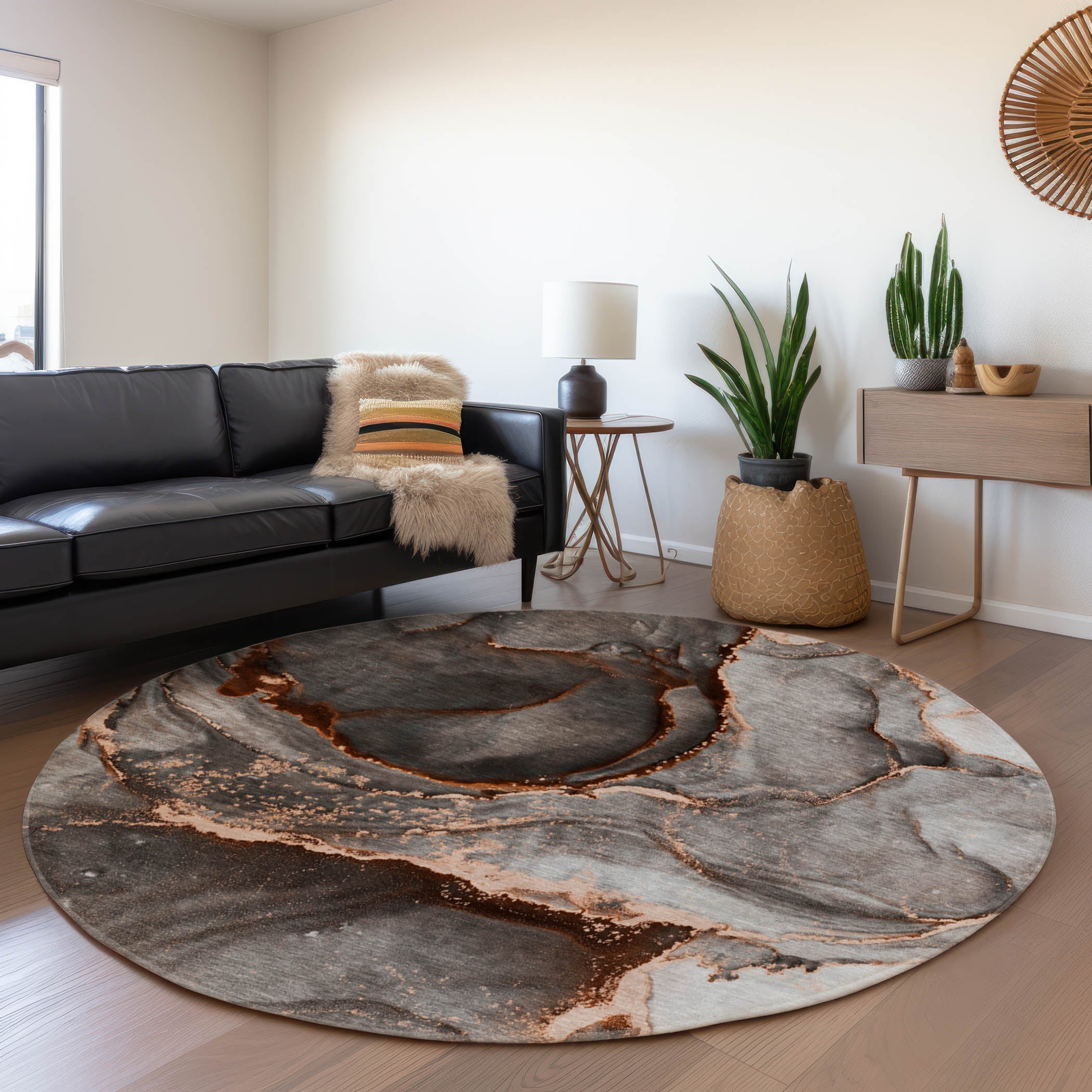 Tallinn Machine Washable Contemporary Peach Orange Rug 8' x 8' #shape_Round