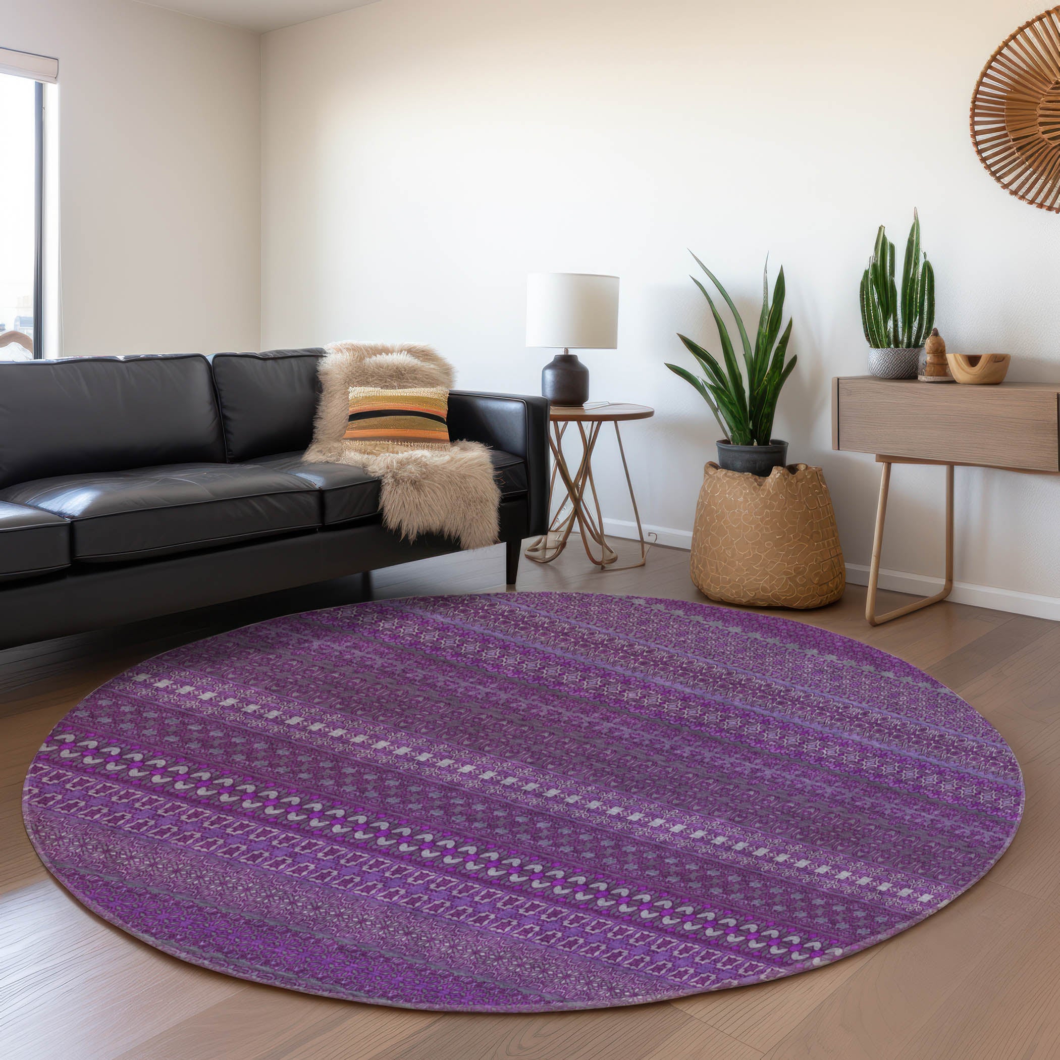 Porto Machine Washable Transitional Eggplant Purple Rug 8' x 8' #shape_Round