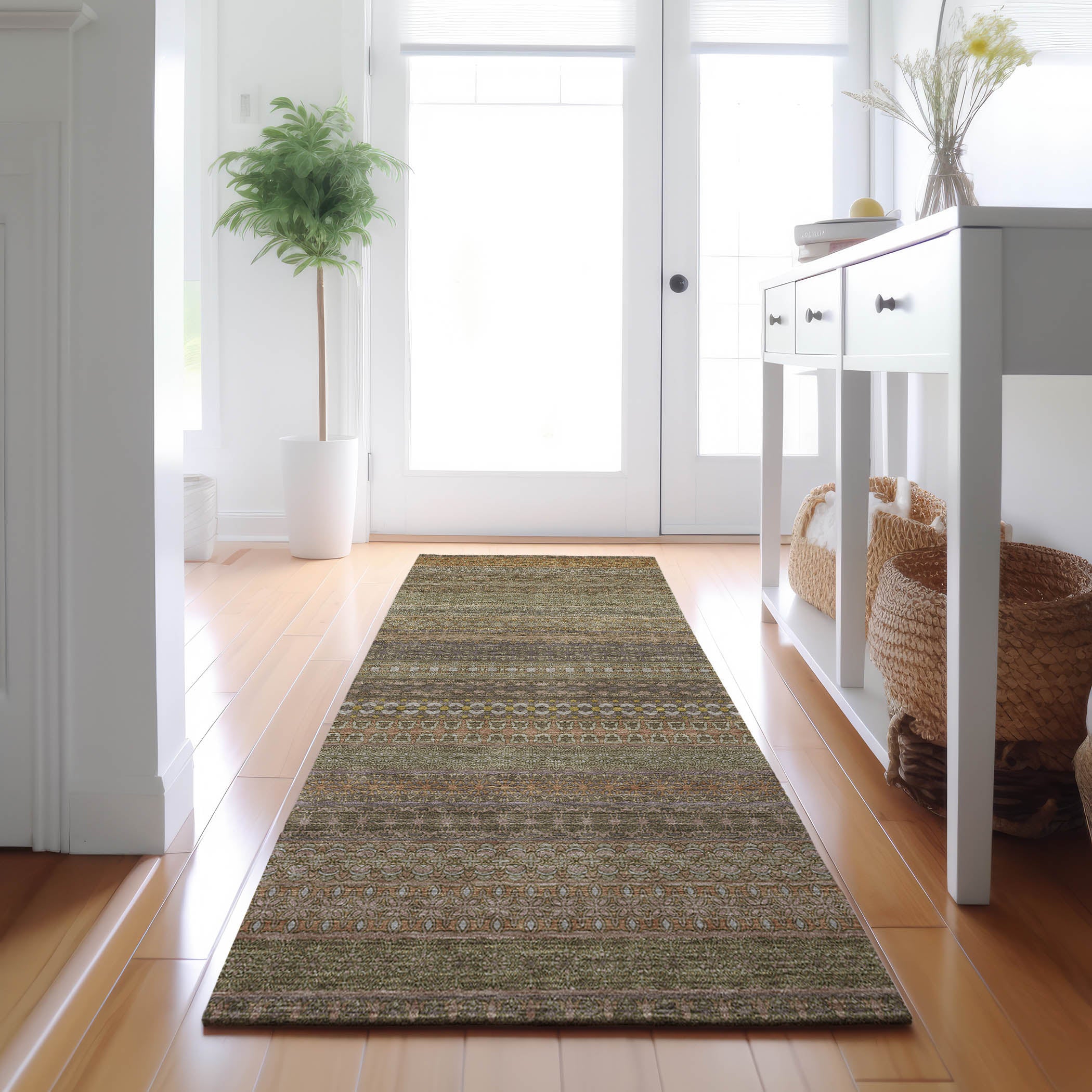 Porto Machine Washable Transitional Khaki Brown Rug 2'3" x 7'6" #shape_Runner