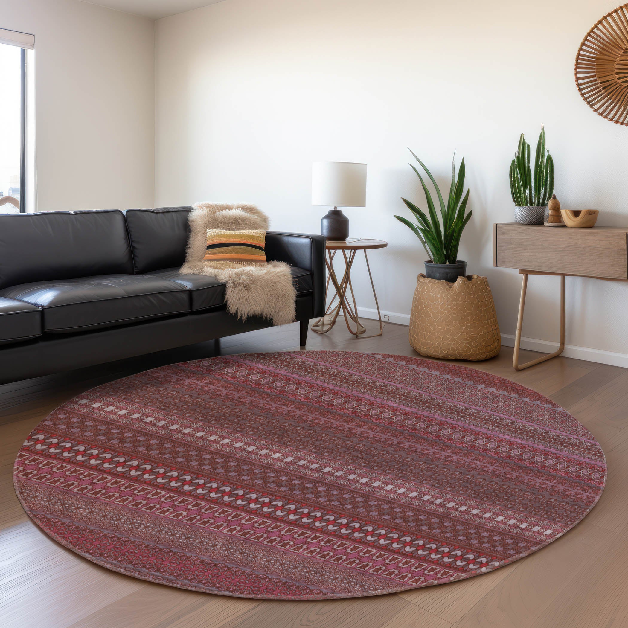 Porto Machine Washable Transitional Merlot Red Rug 8' x 8' #shape_Round