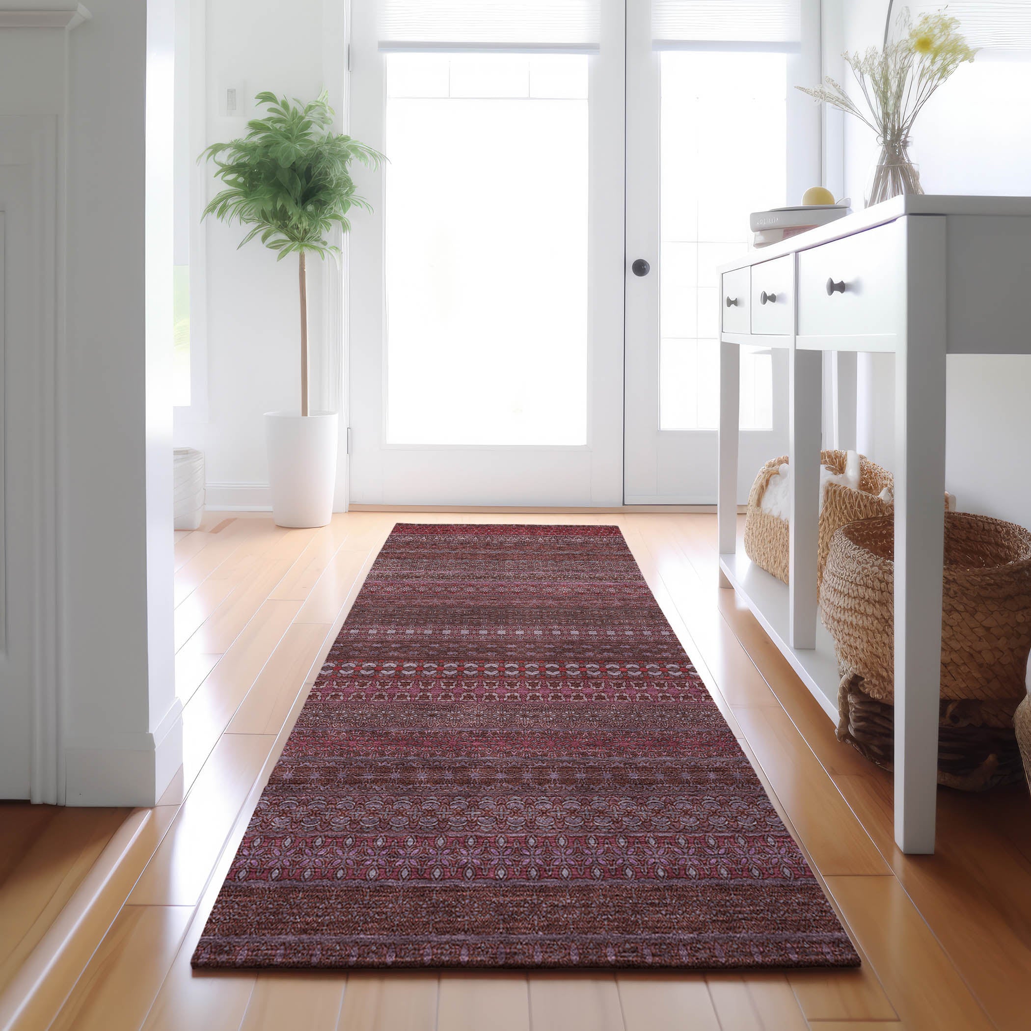 Porto Machine Washable Transitional Merlot Red Rug 2'3" x 7'6" #shape_Runner