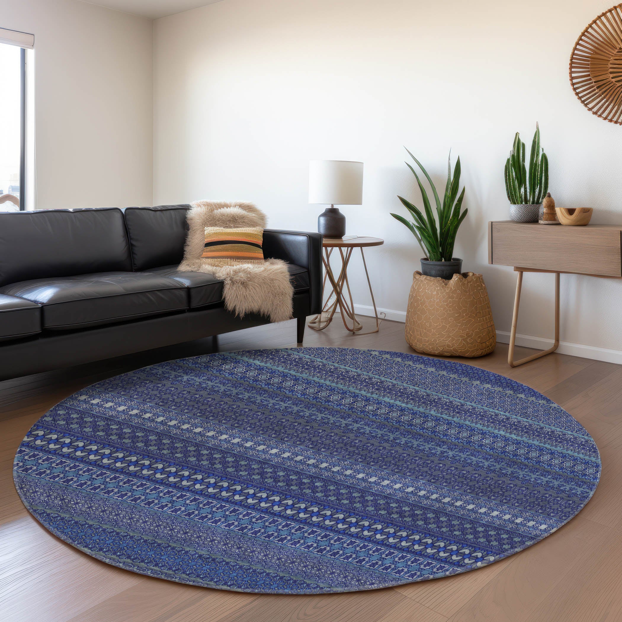 Porto Machine Washable Transitional Navy Blue Rug 8' x 8' #shape_Round