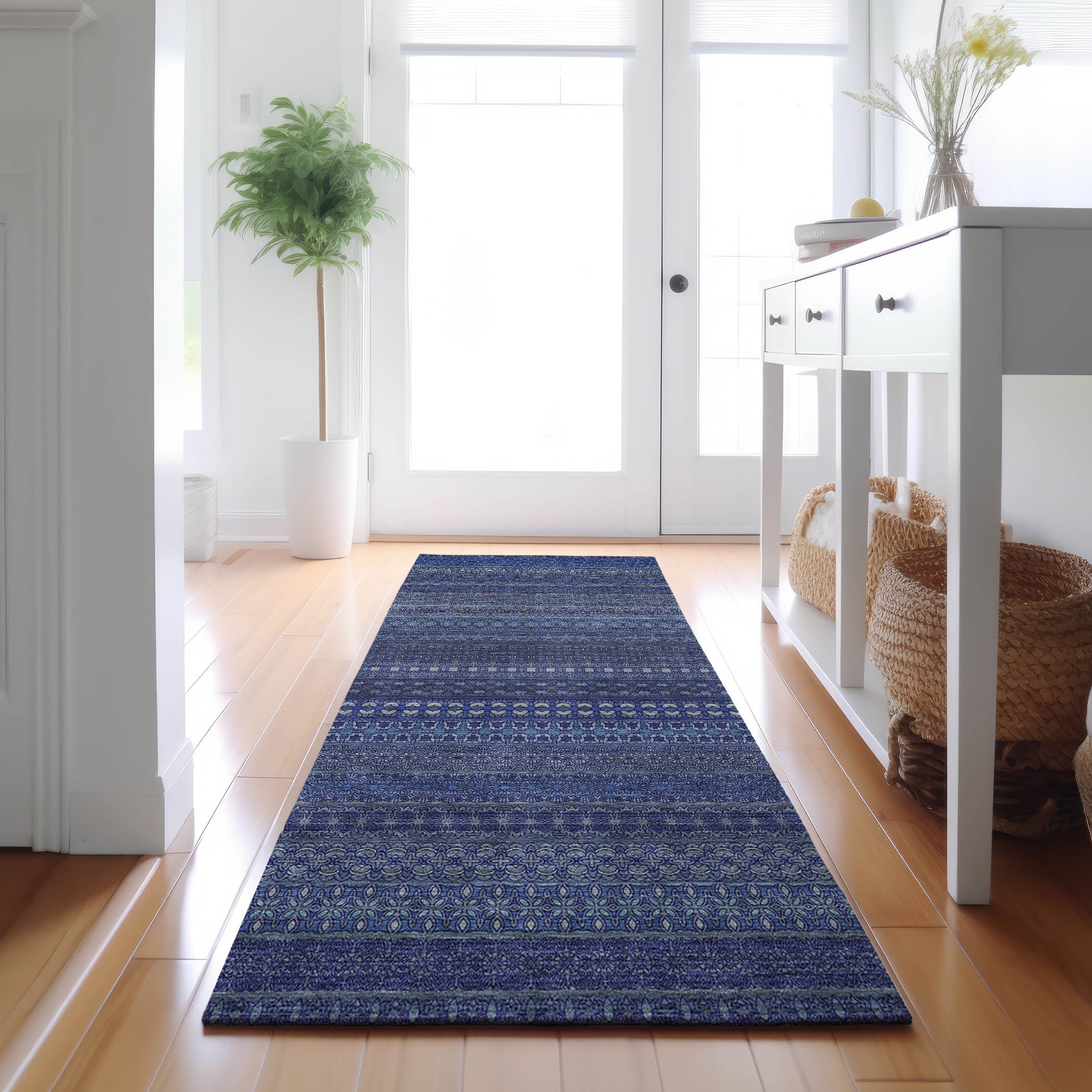 Porto Machine Washable Transitional Navy Blue Rug 2'3" x 7'6" #shape_Runner