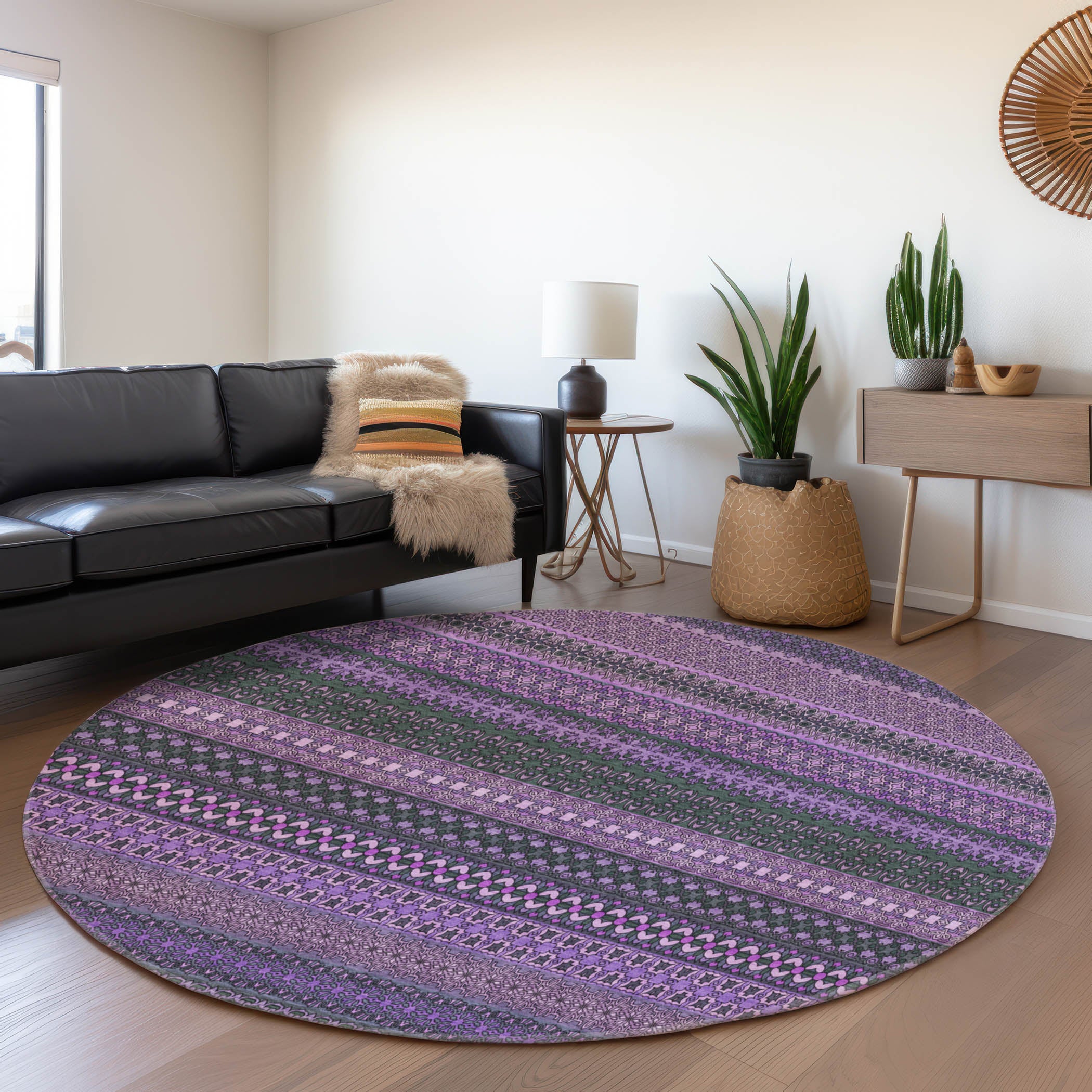 Porto Machine Washable Transitional Purple Rug 8' x 8' #shape_Round