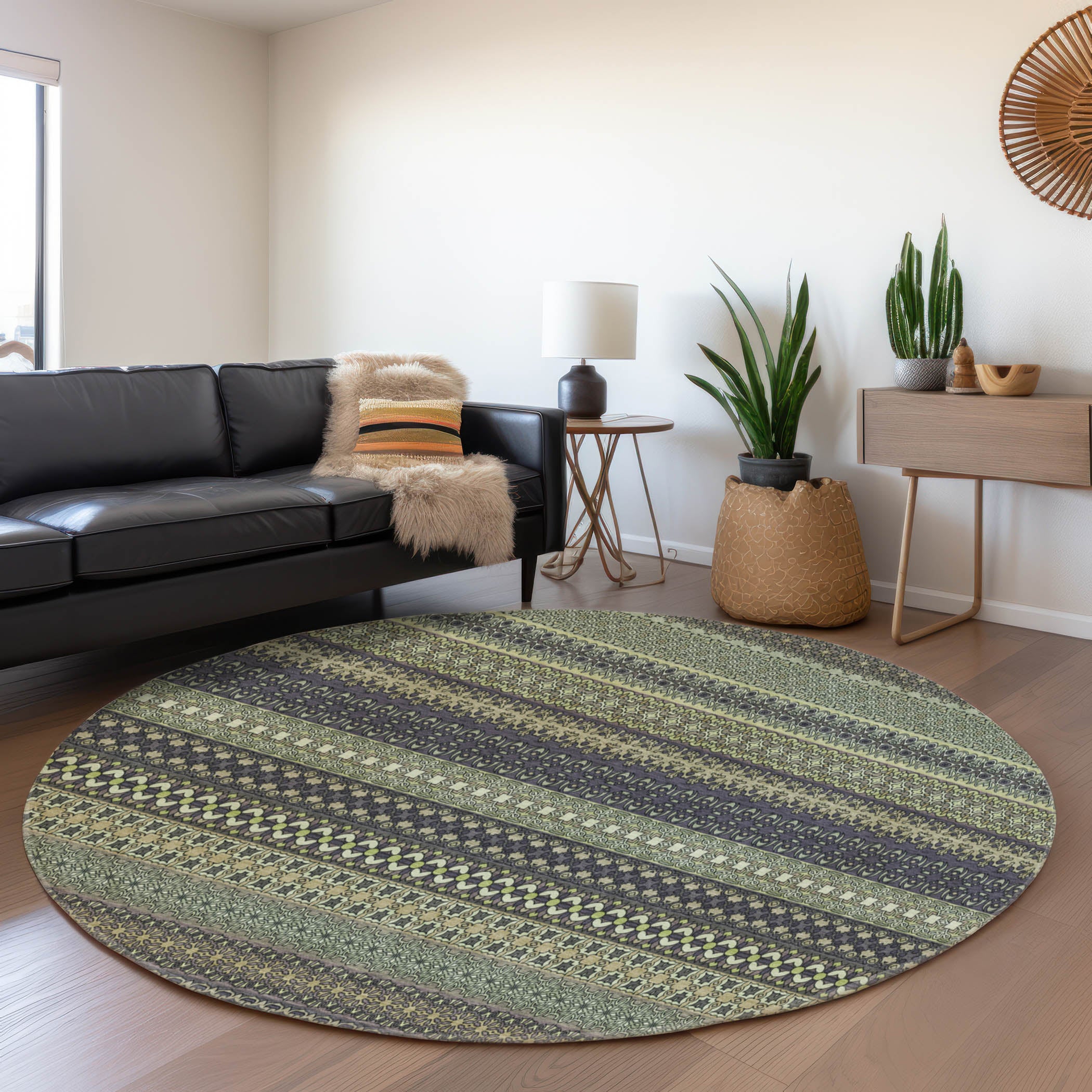 Porto Machine Washable Transitional Sage Green Rug 8' x 8' #shape_Round