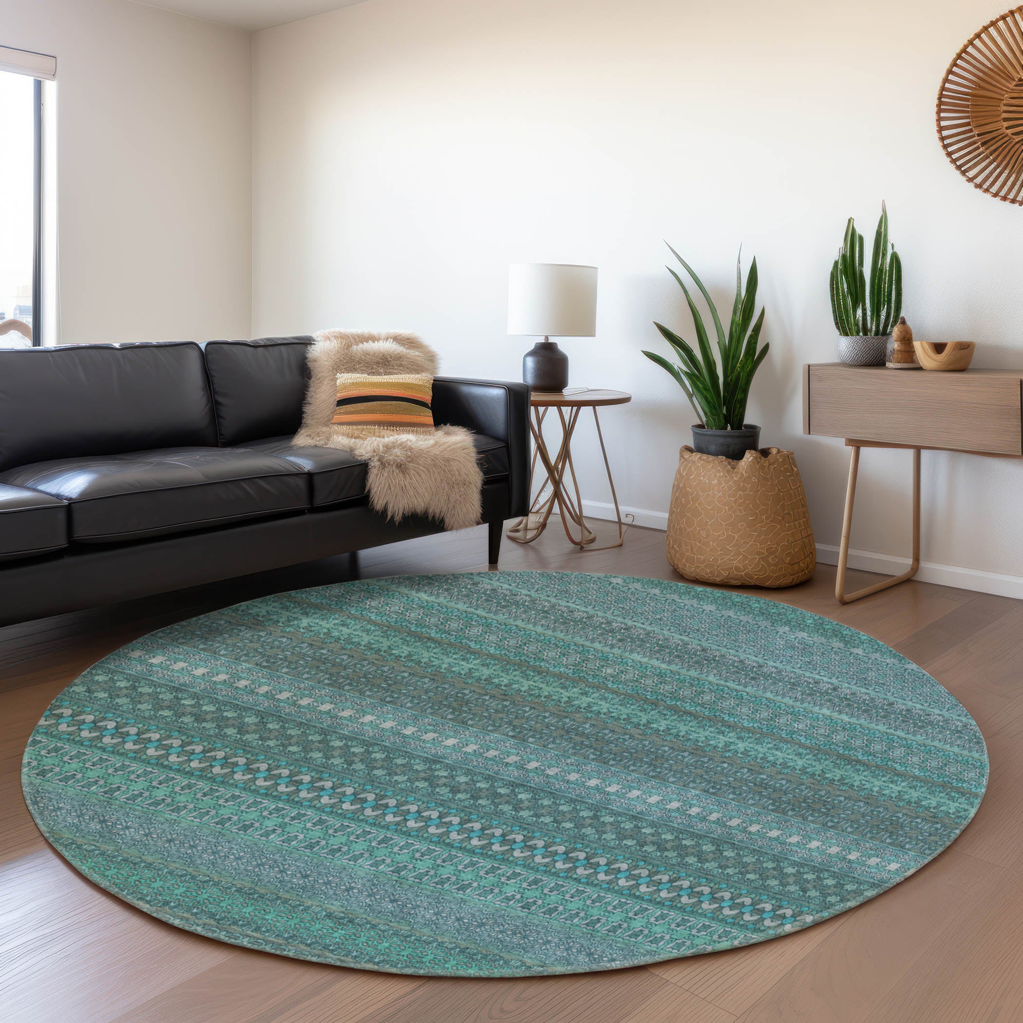 Porto Machine Washable Transitional Turquoise Teal Rug 8' x 8' #shape_Round