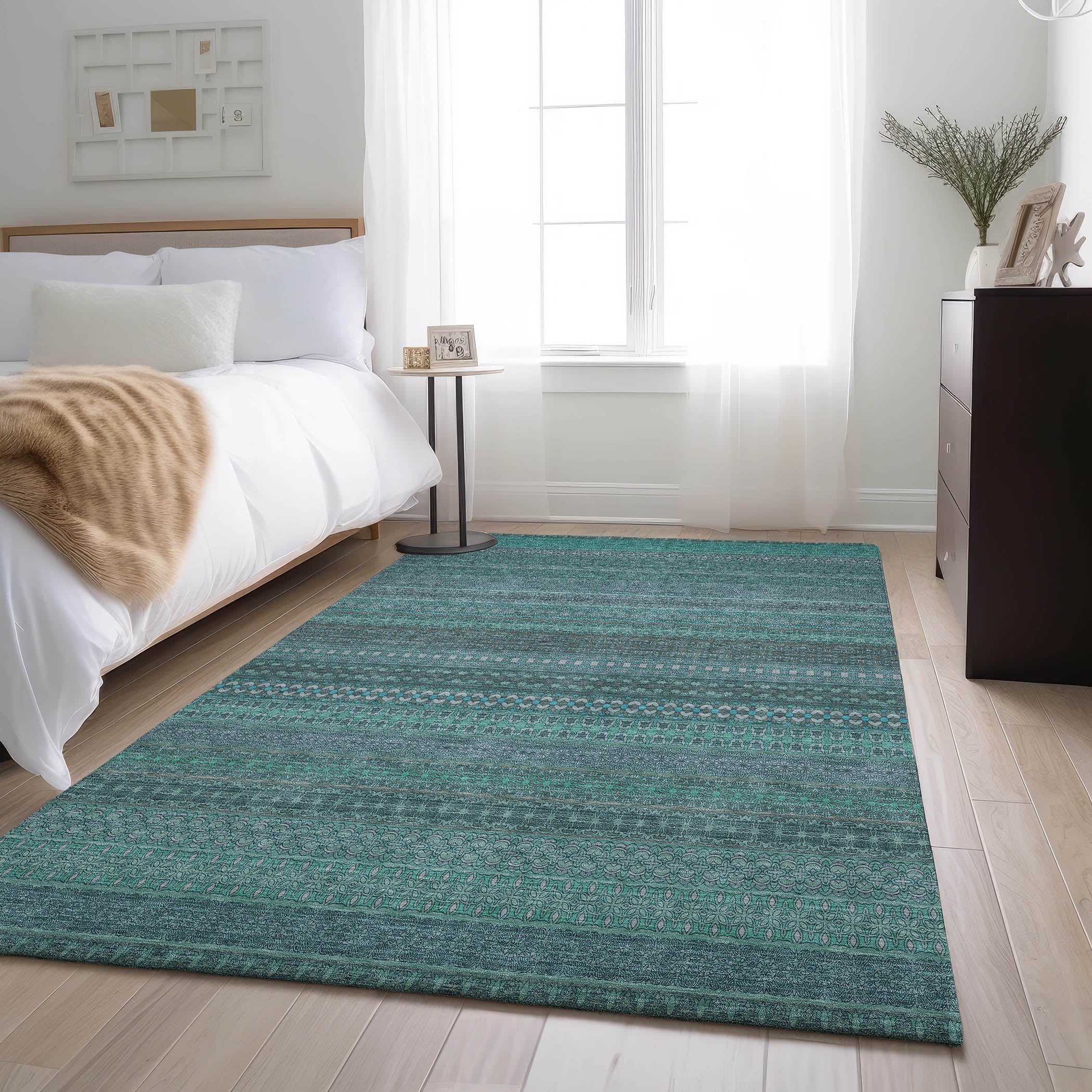 Porto Machine Washable Transitional Turquoise Teal Rug 2'6" x 3'10" #shape_Rectangle