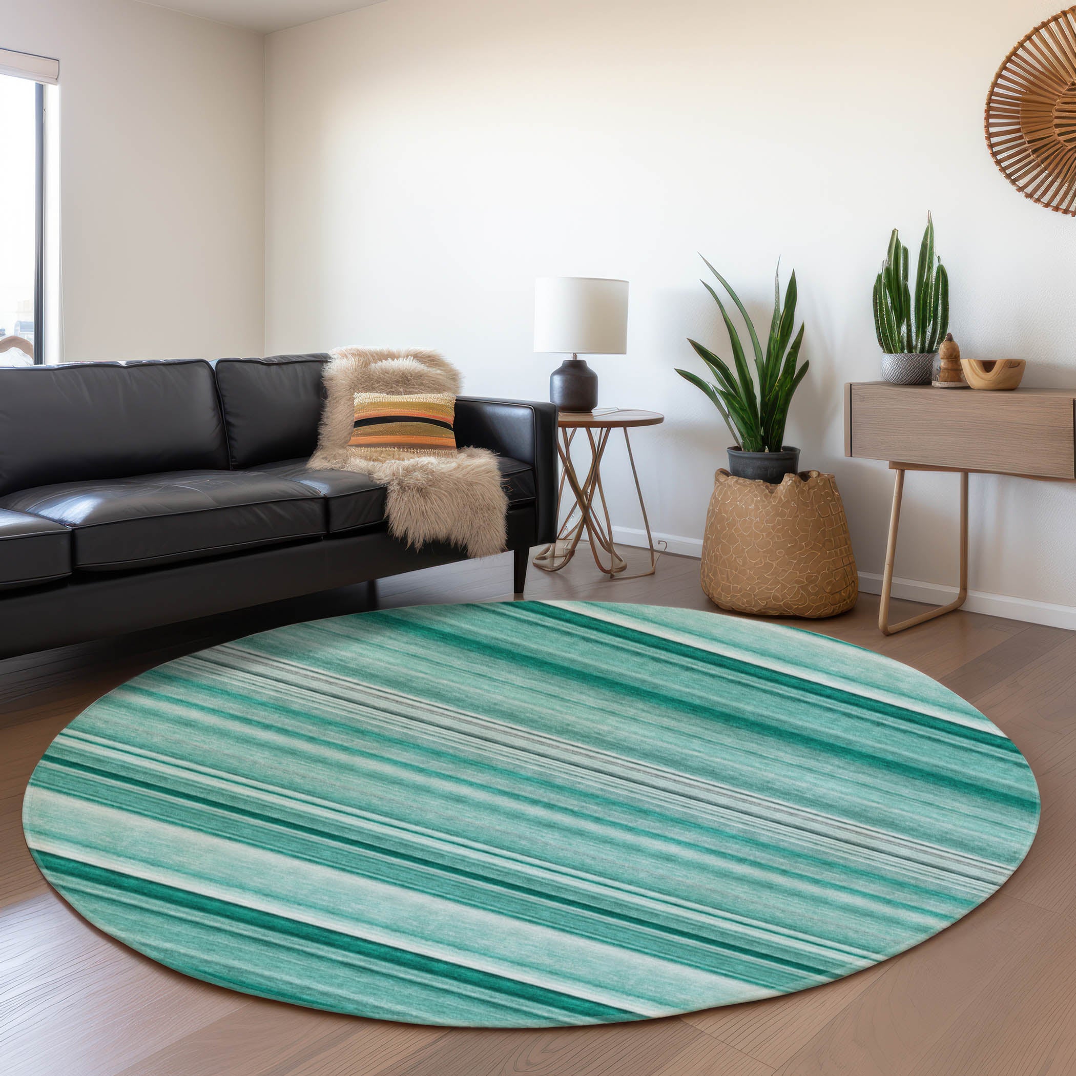 Antigua Machine Washable Transitional Aqua Teal Rug 8' x 8' #shape_Round