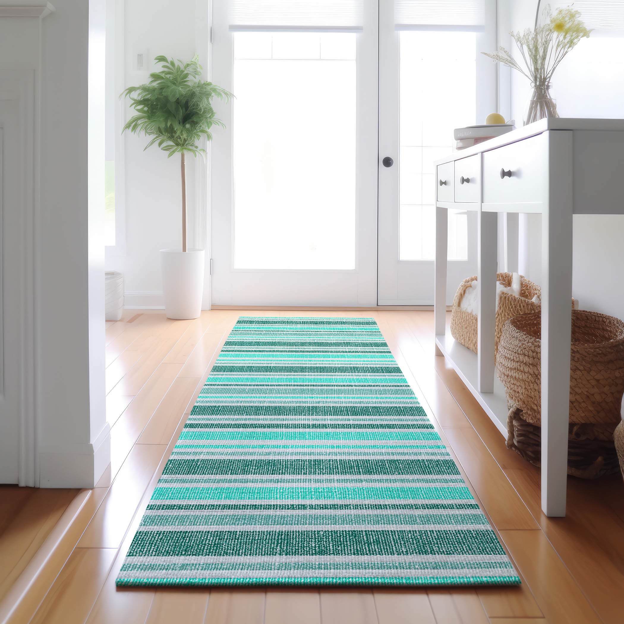 Bogota Machine Washable Transitional Turquoise Teal Rug 2'3" x 7'6" #shape_Runner