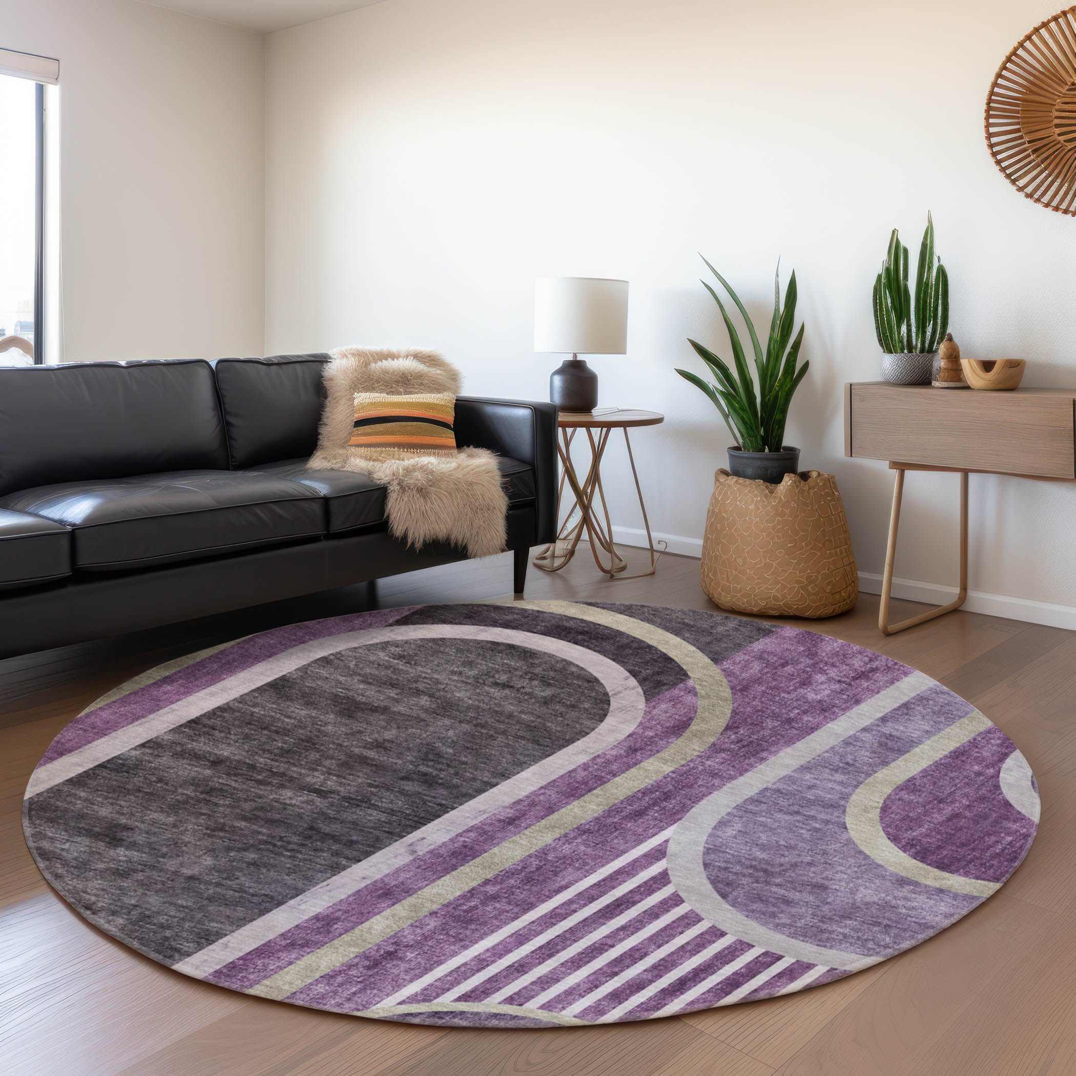Vienna Machine Washable Transitional Purple Rug 8' x 8' #shape_Round