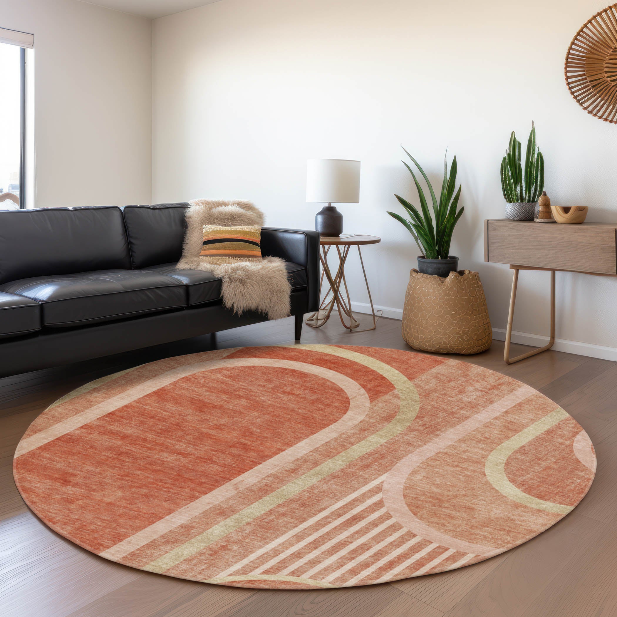 Vienna Machine Washable Transitional Salmon Orange Rug 8' x 8' #shape_Round