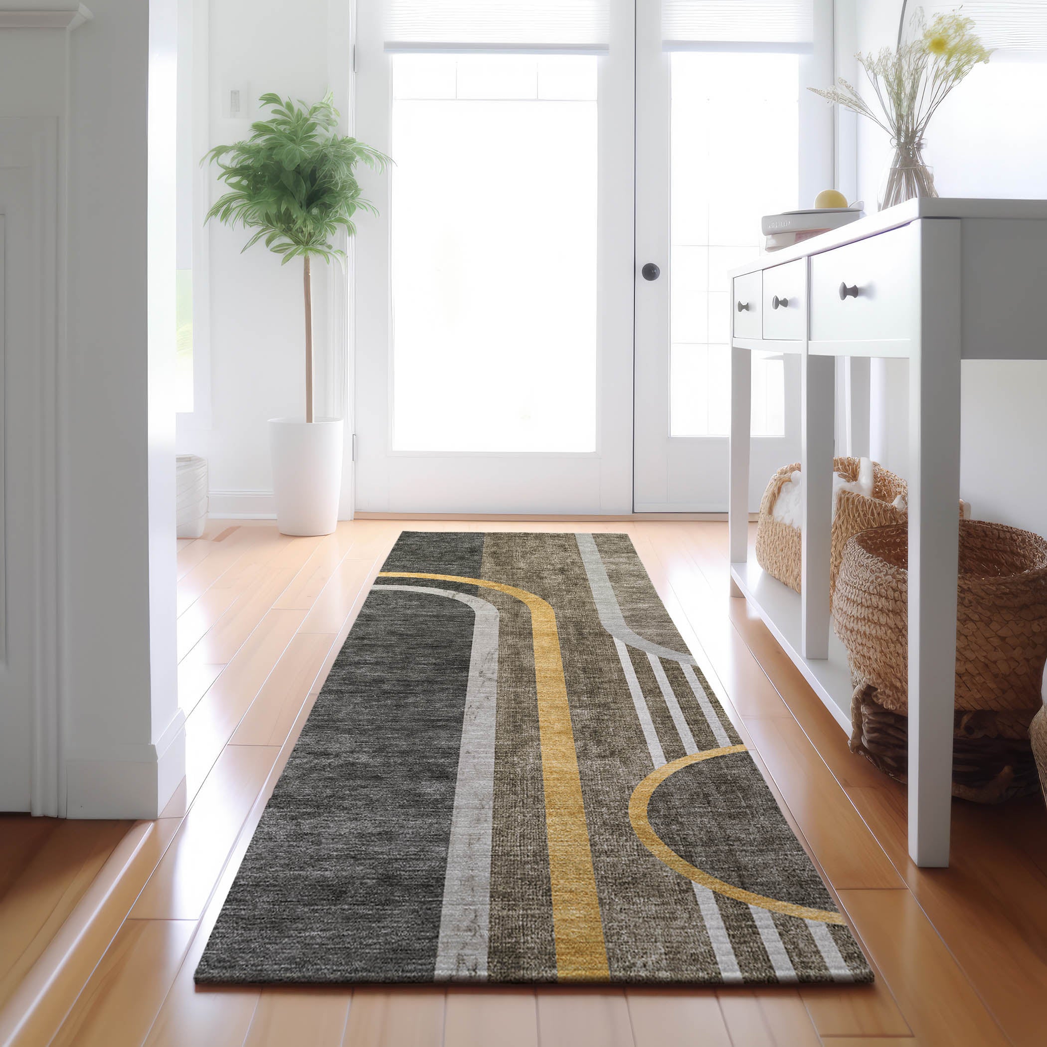 Vienna Machine Washable Transitional Taupe Brown Rug 2'3" x 7'6" #shape_Runner