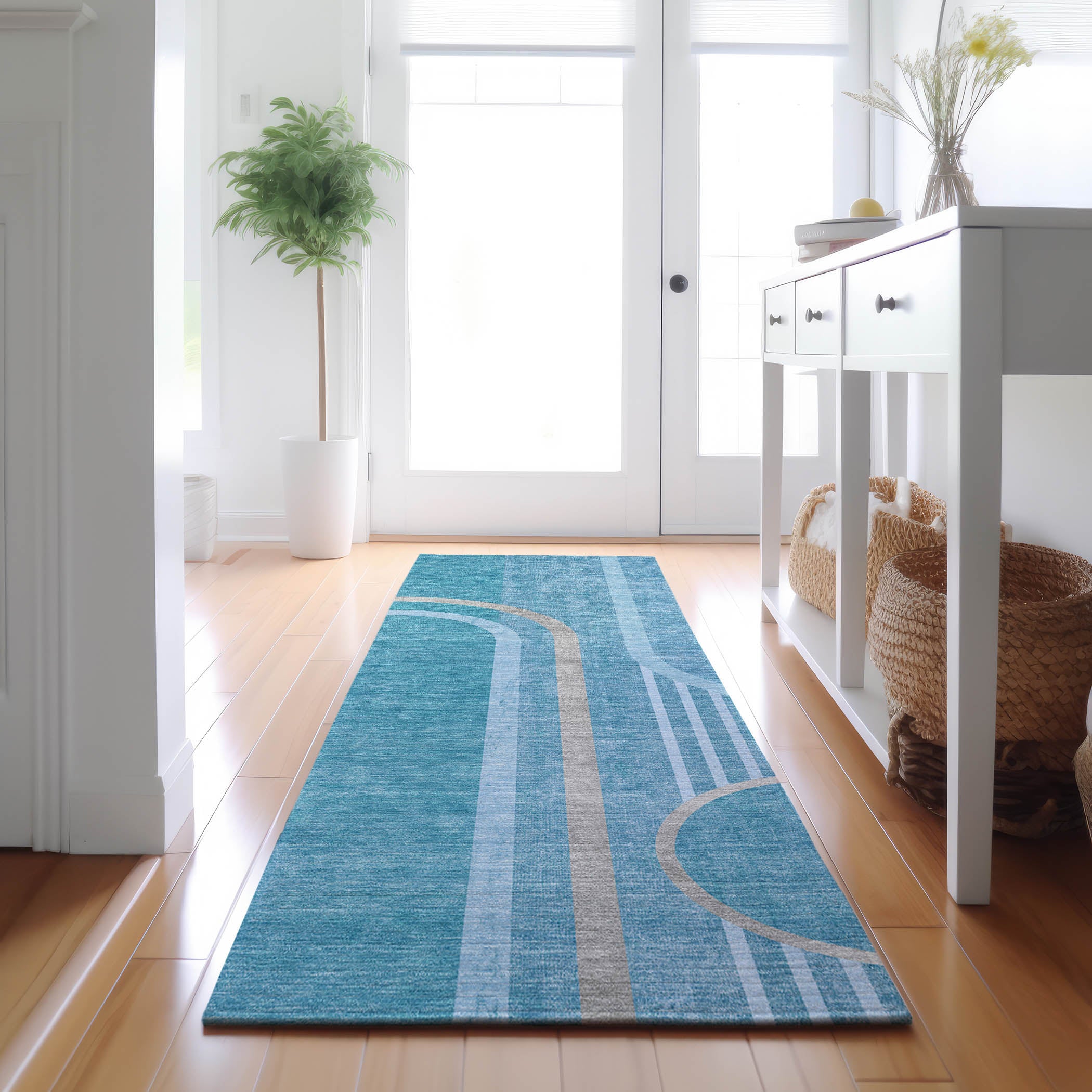 Vienna Machine Washable Transitional Teal Rug 2'3" x 7'6" #shape_Runner