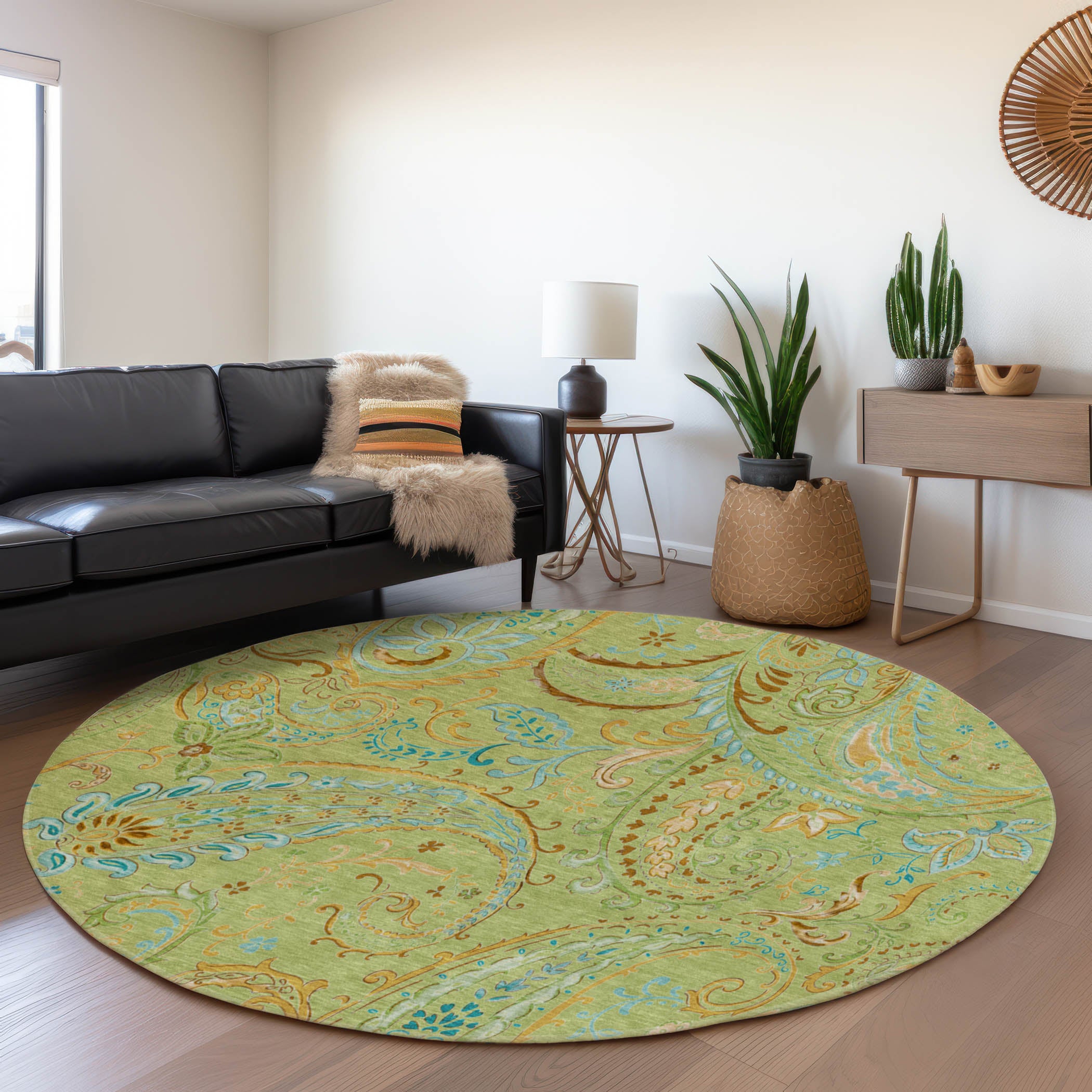 Queenstown Machine Washable Transitional Aloe Green Rug 8' x 8' #shape_Round