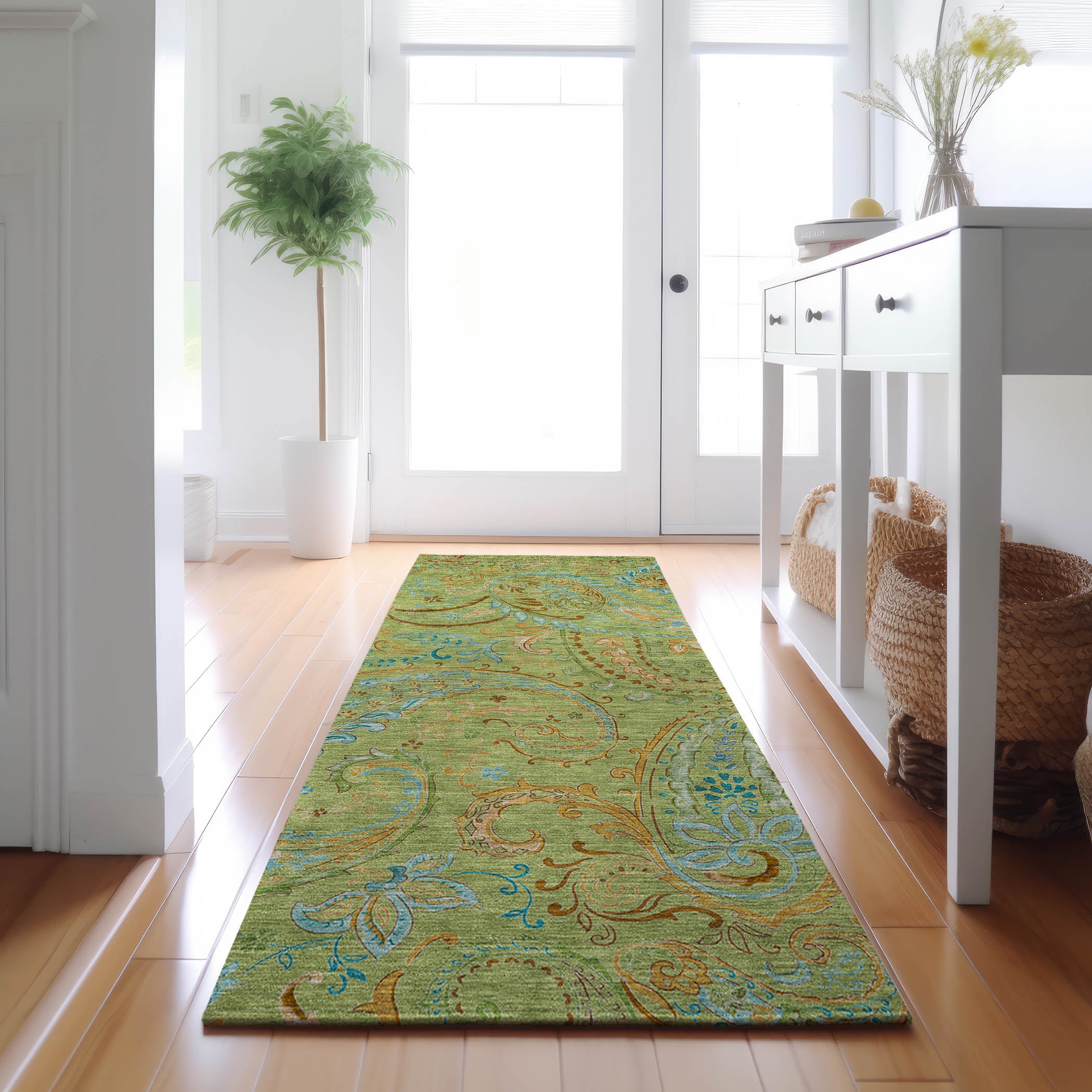 Queenstown Machine Washable Transitional Aloe Green Rug 2'3" x 7'6" #shape_Runner