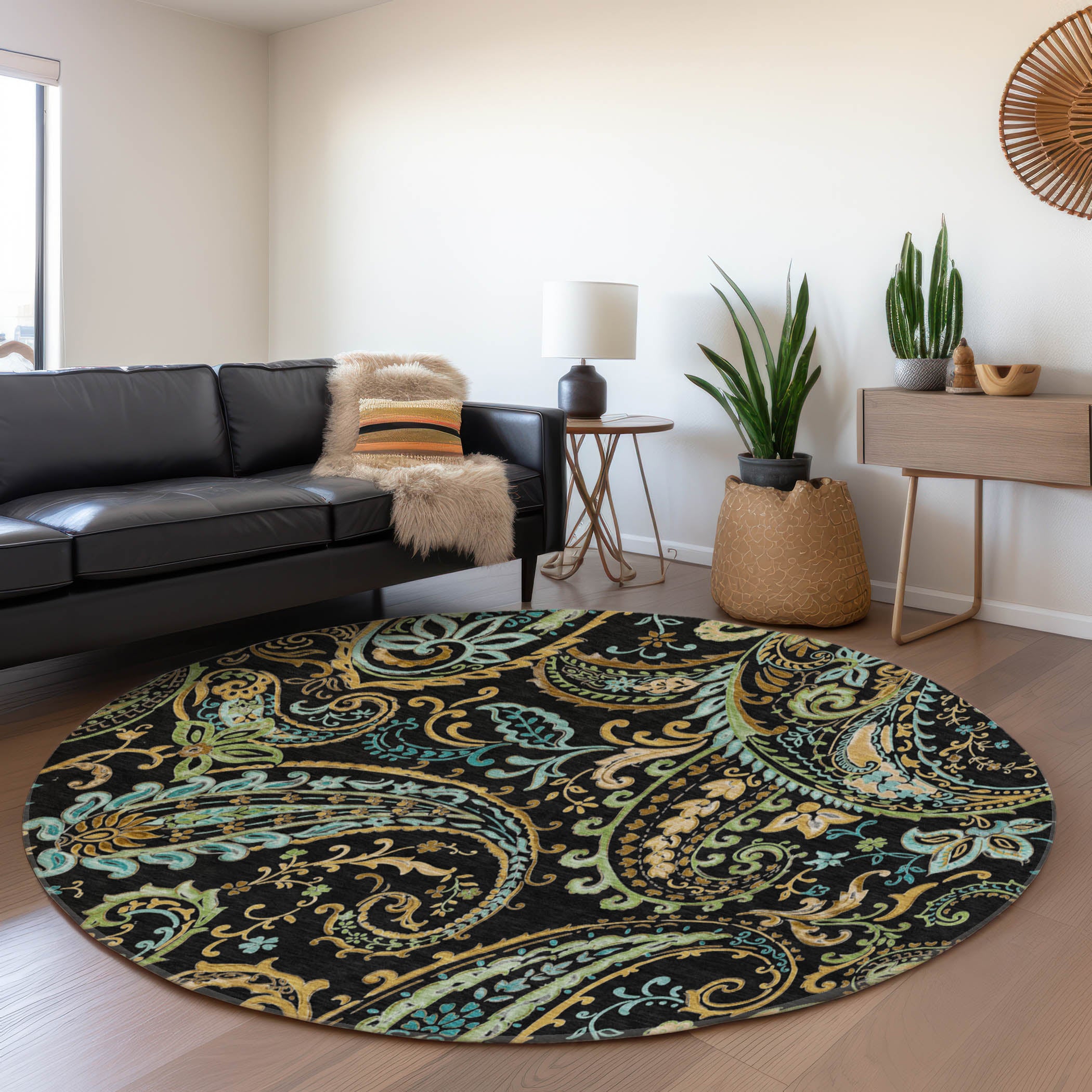 Queenstown Machine Washable Transitional Black Rug 8' x 8' #shape_Round