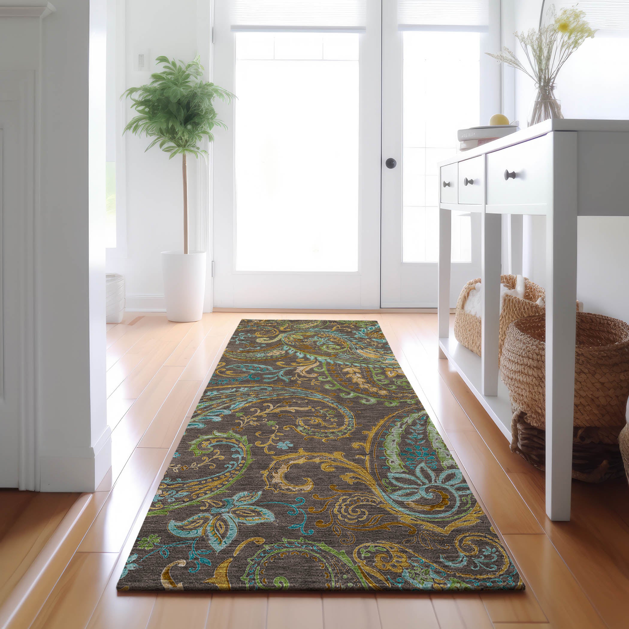 Queenstown Machine Washable Transitional Chocolate Brown Rug 2'3" x 7'6" #shape_Runner