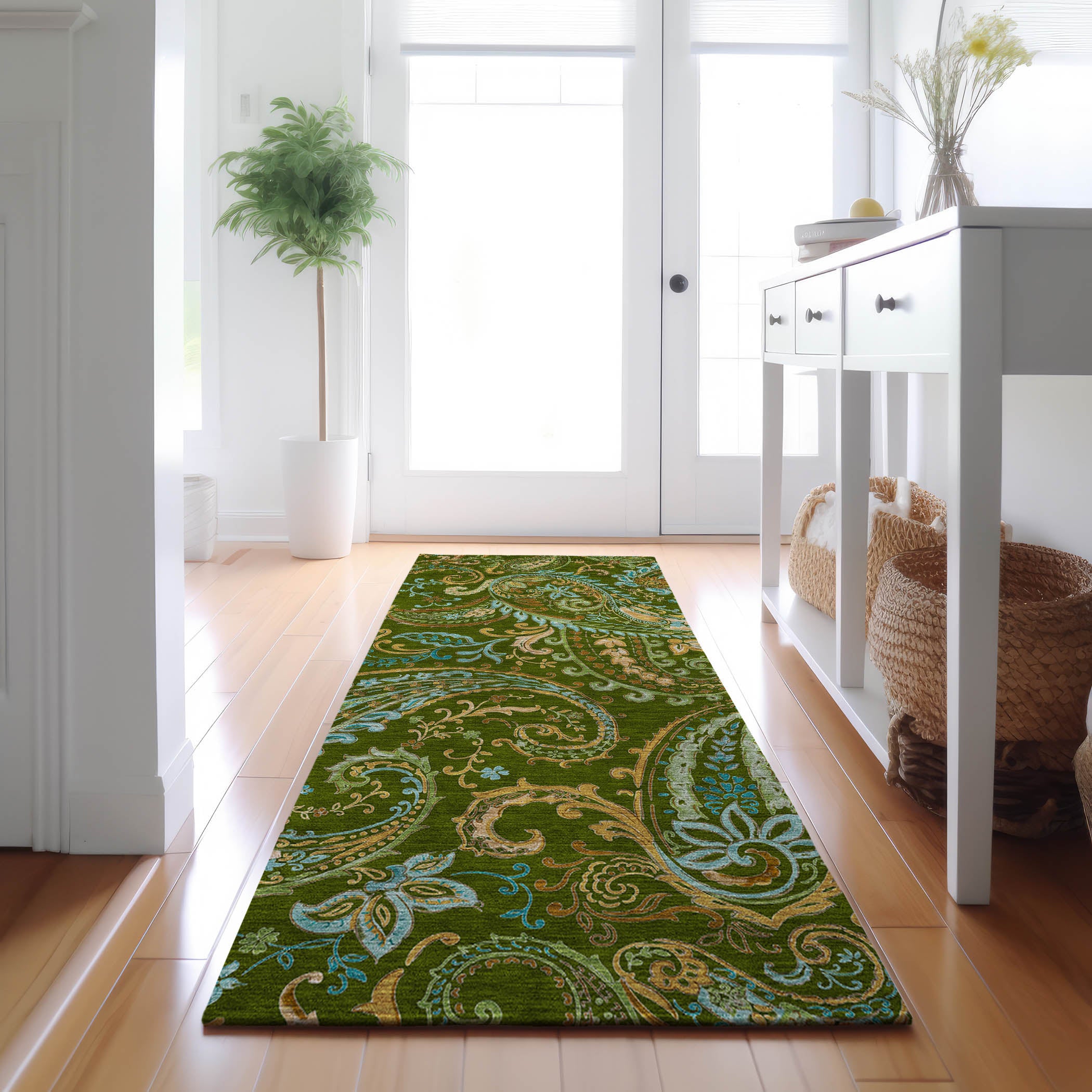 Queenstown Machine Washable Transitional Green Rug 2'3" x 7'6" #shape_Runner