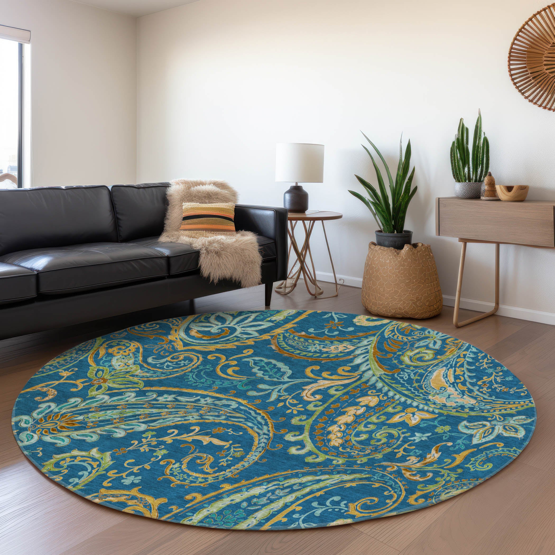 Queenstown Machine Washable Transitional Navy Blue Rug 8' x 8' #shape_Round