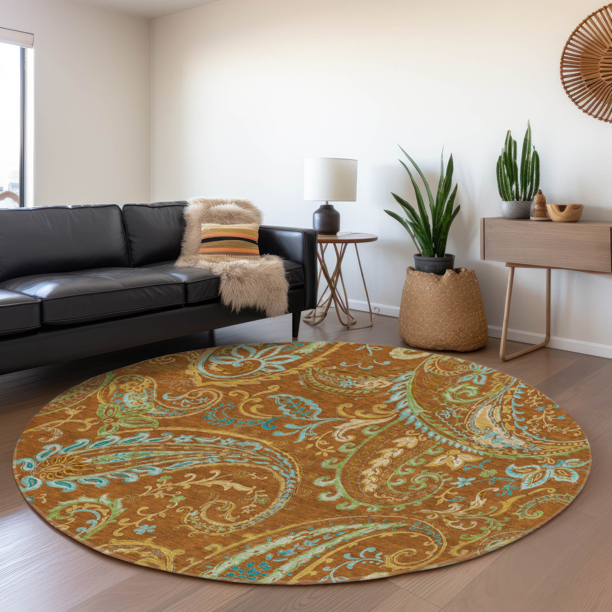 Queenstown Machine Washable Transitional Paprika Orange Rug 8' x 8' #shape_Round