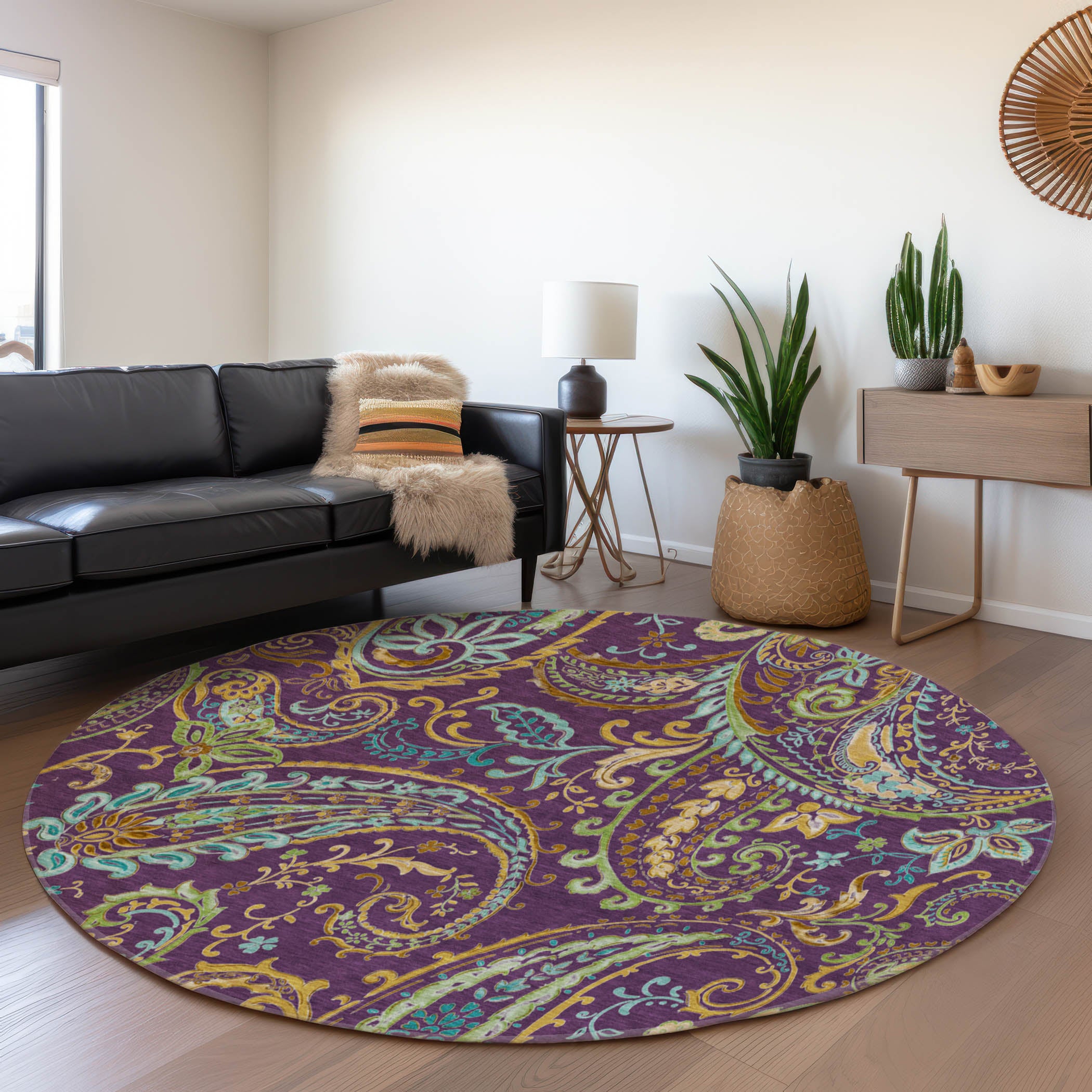 Queenstown Machine Washable Transitional Purple Rug 8' x 8' #shape_Round