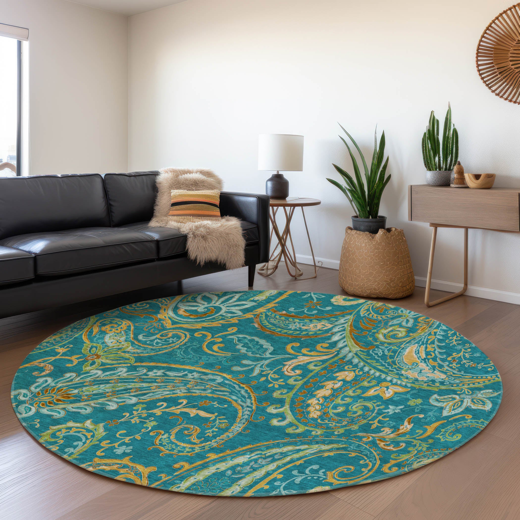 Queenstown Machine Washable Transitional Teal Rug 8' x 8' #shape_Round