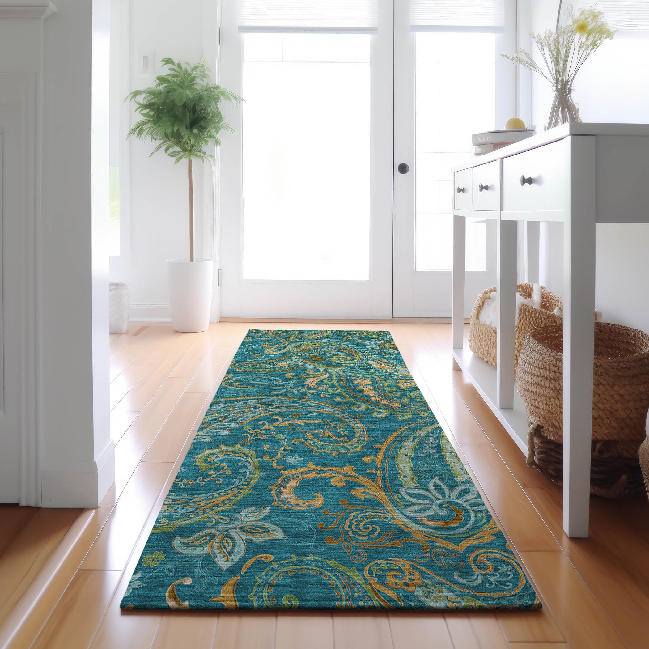 Queenstown Machine Washable Transitional Teal Rug 2'3" x 7'6" #shape_Runner