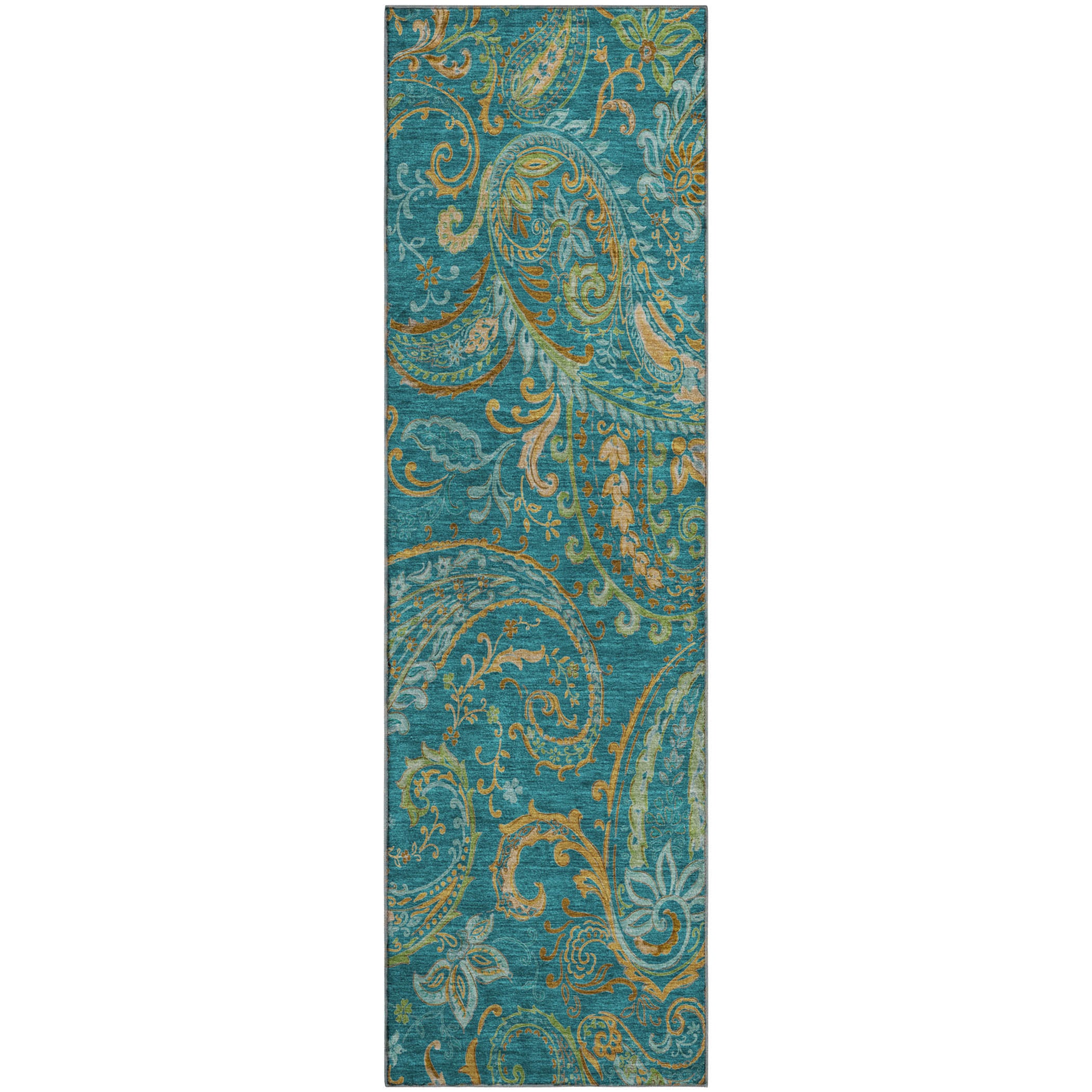 Queenstown Machine Washable Transitional Teal Rug 2'3" x 7'6" #shape_Runner