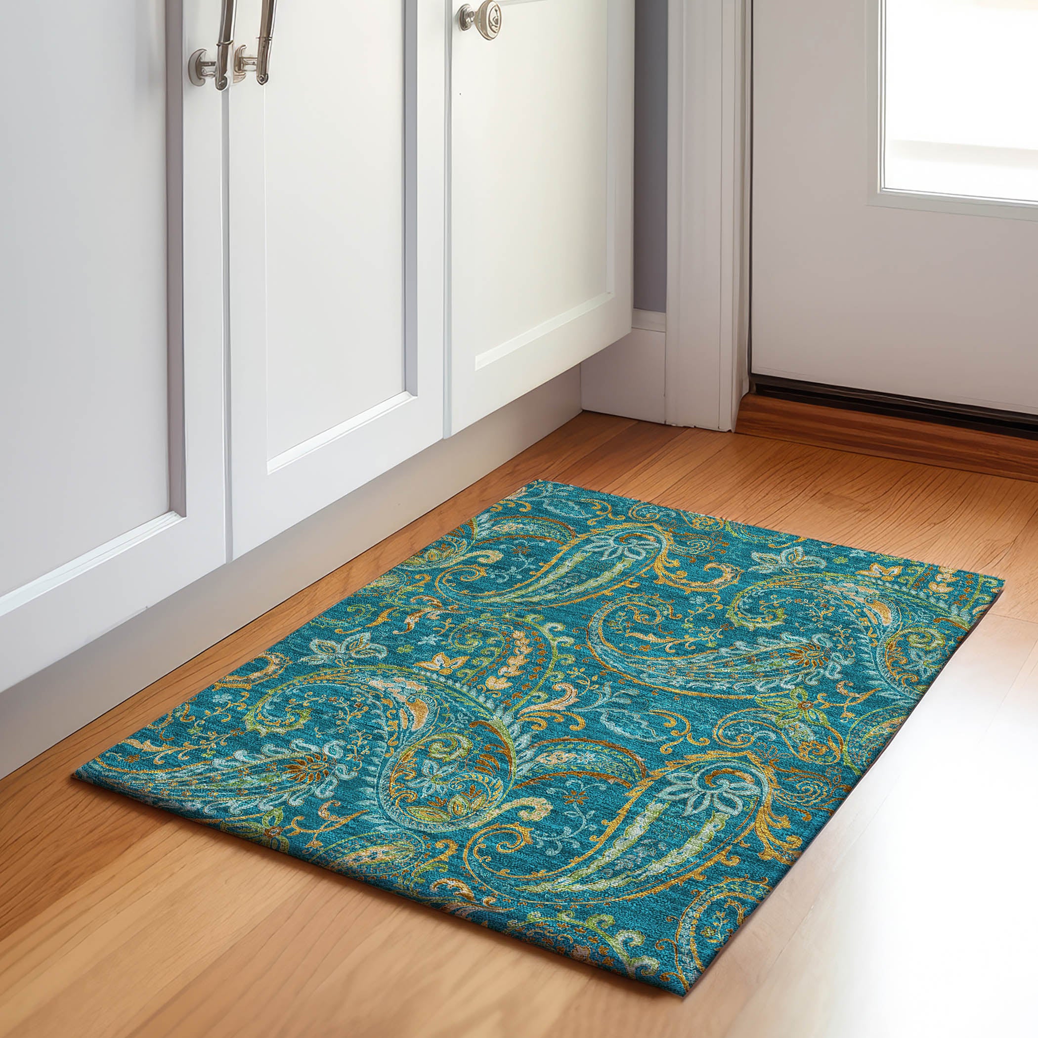 Queenstown Machine Washable Transitional Teal Rug 1'8" x 2'6" #shape_Rectangle
