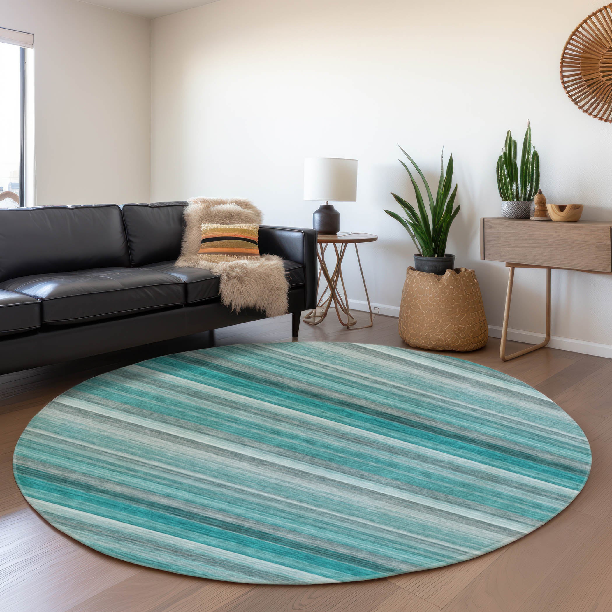 Chiang Mai Machine Washable Transitional Teal Rug 8' x 8' #shape_Round