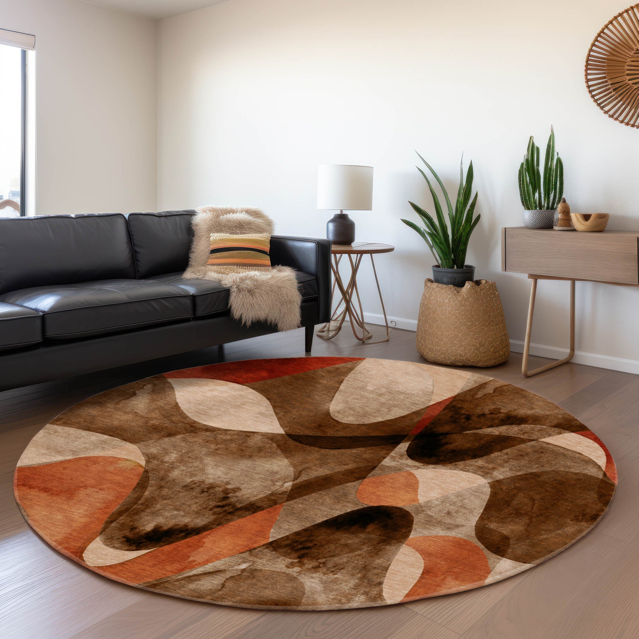 Cairo Machine Washable Contemporary Chocolate Brown Rug 8' x 8' #shape_Round
