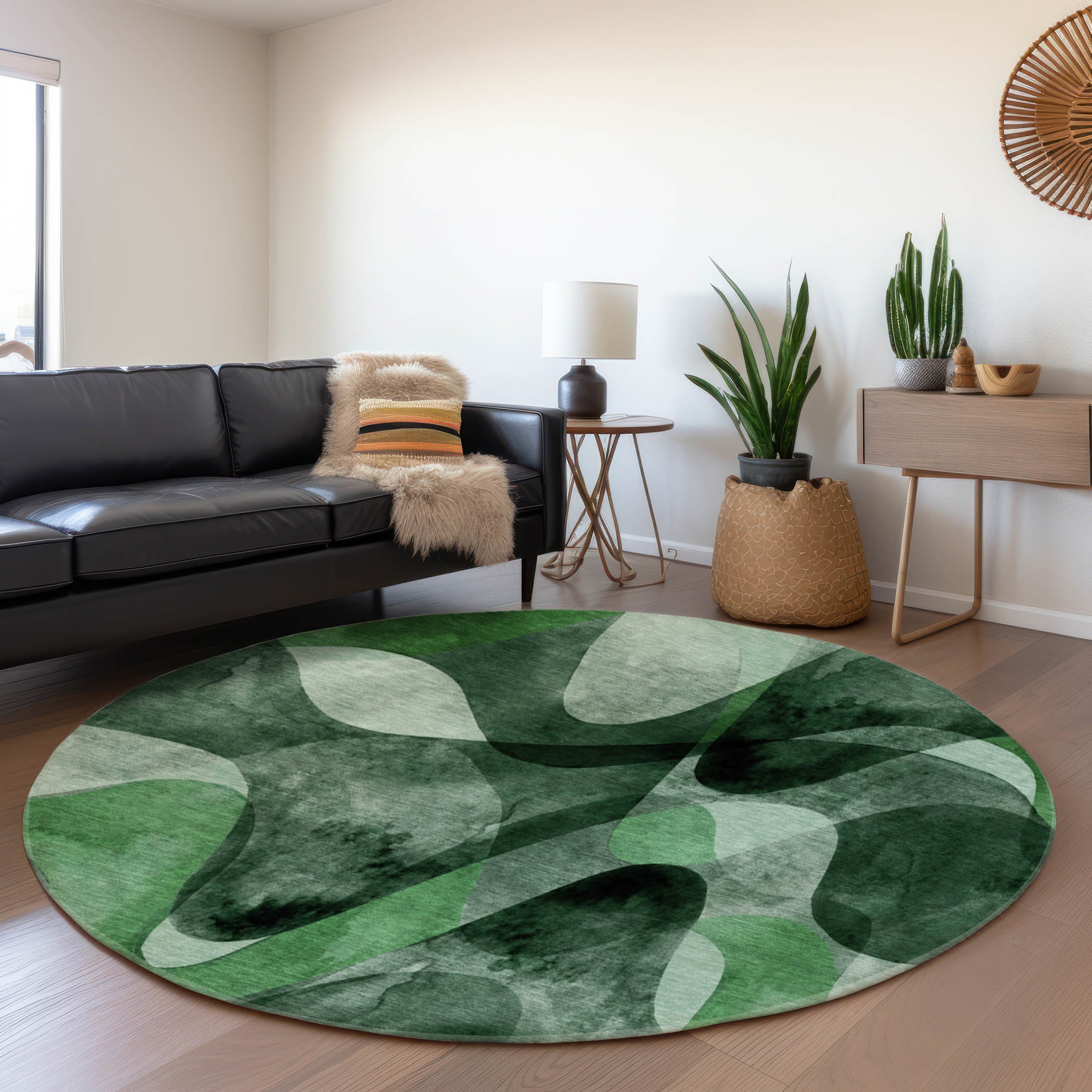 Cairo Machine Washable Contemporary Fern Green Rug 8' x 8' #shape_Round