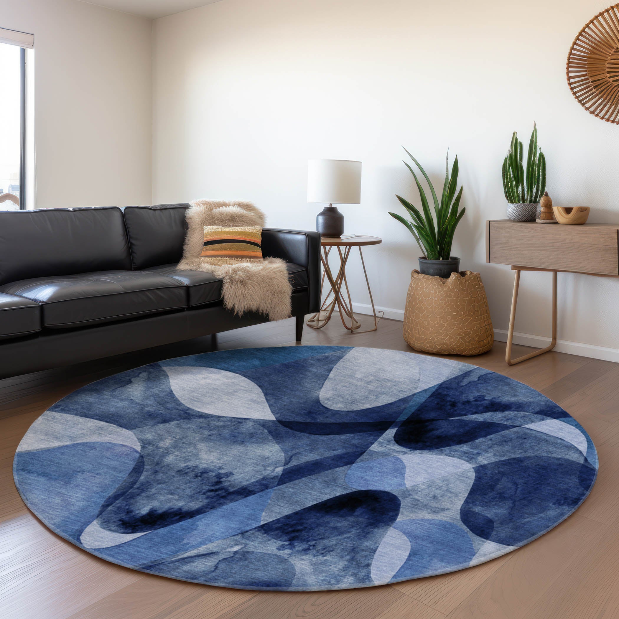 Cairo Machine Washable Contemporary Navy Blue Rug 8' x 8' #shape_Round