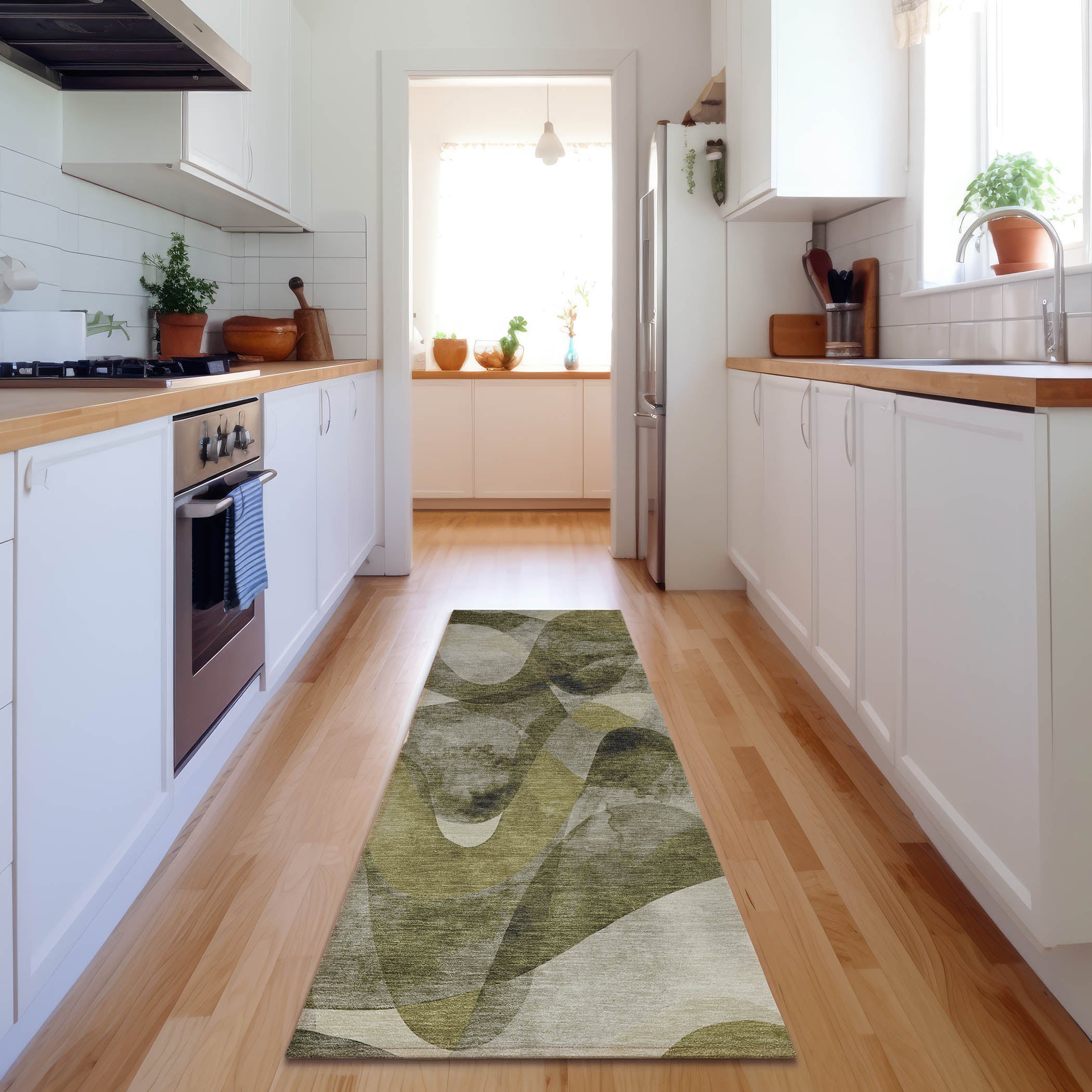 Cairo Machine Washable Contemporary Olive Green Rug 2'3" x 7'6" #shape_Runner