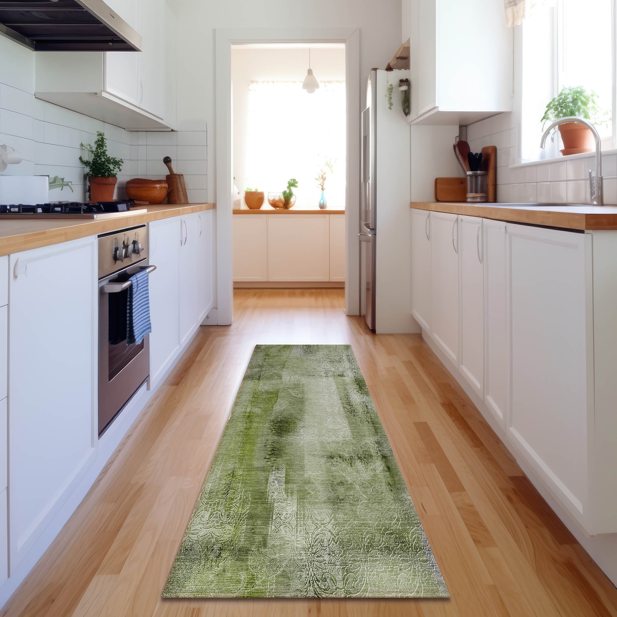 Bogota Machine Washable Transitional Sage Green Rug 2'3" x 7'6" #shape_Runner