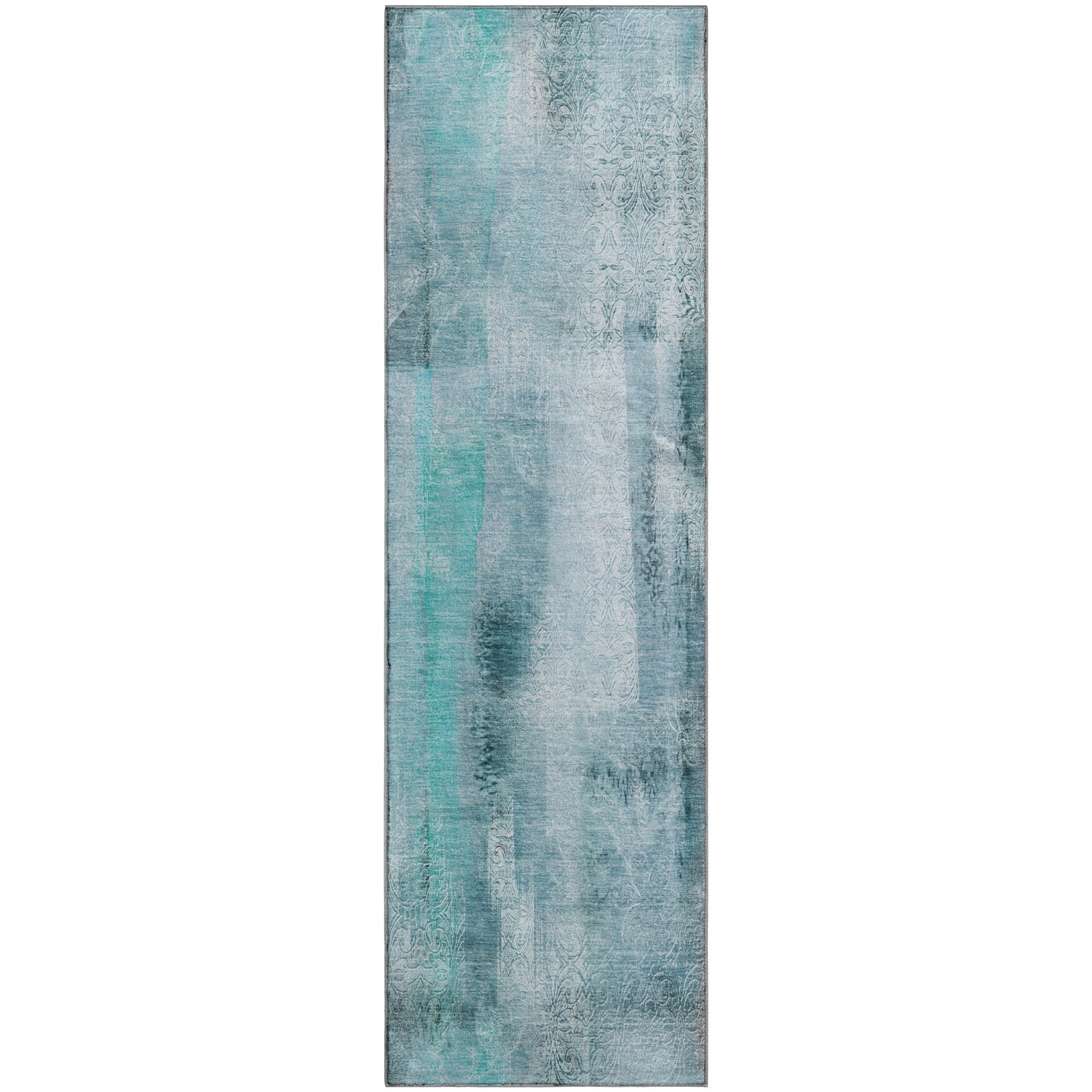 Bogota Machine Washable Transitional Teal Rug 2'3" x 7'6" #shape_Runner