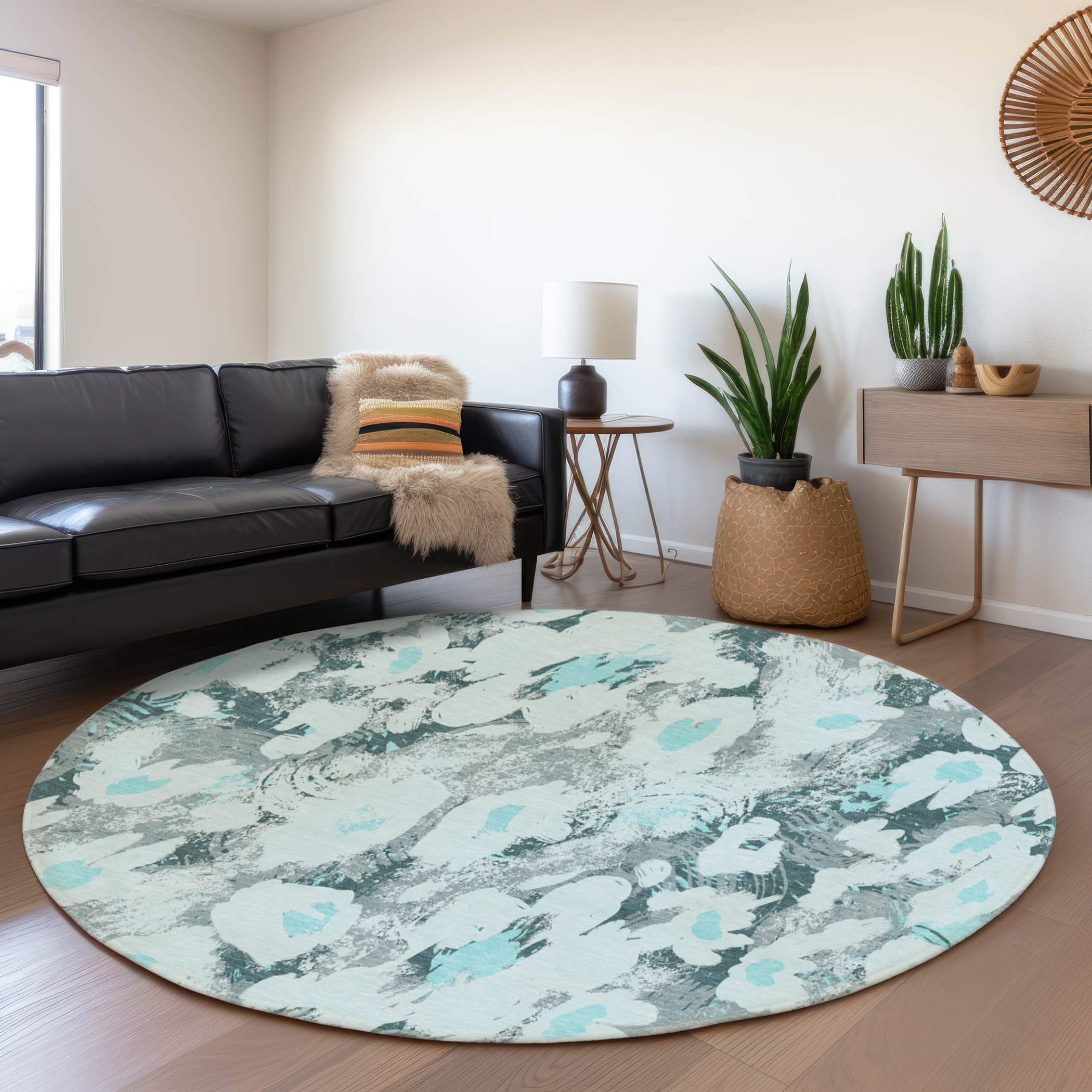 Mdina Machine Washable Transitional Teal Rug 8' x 8' #shape_Round