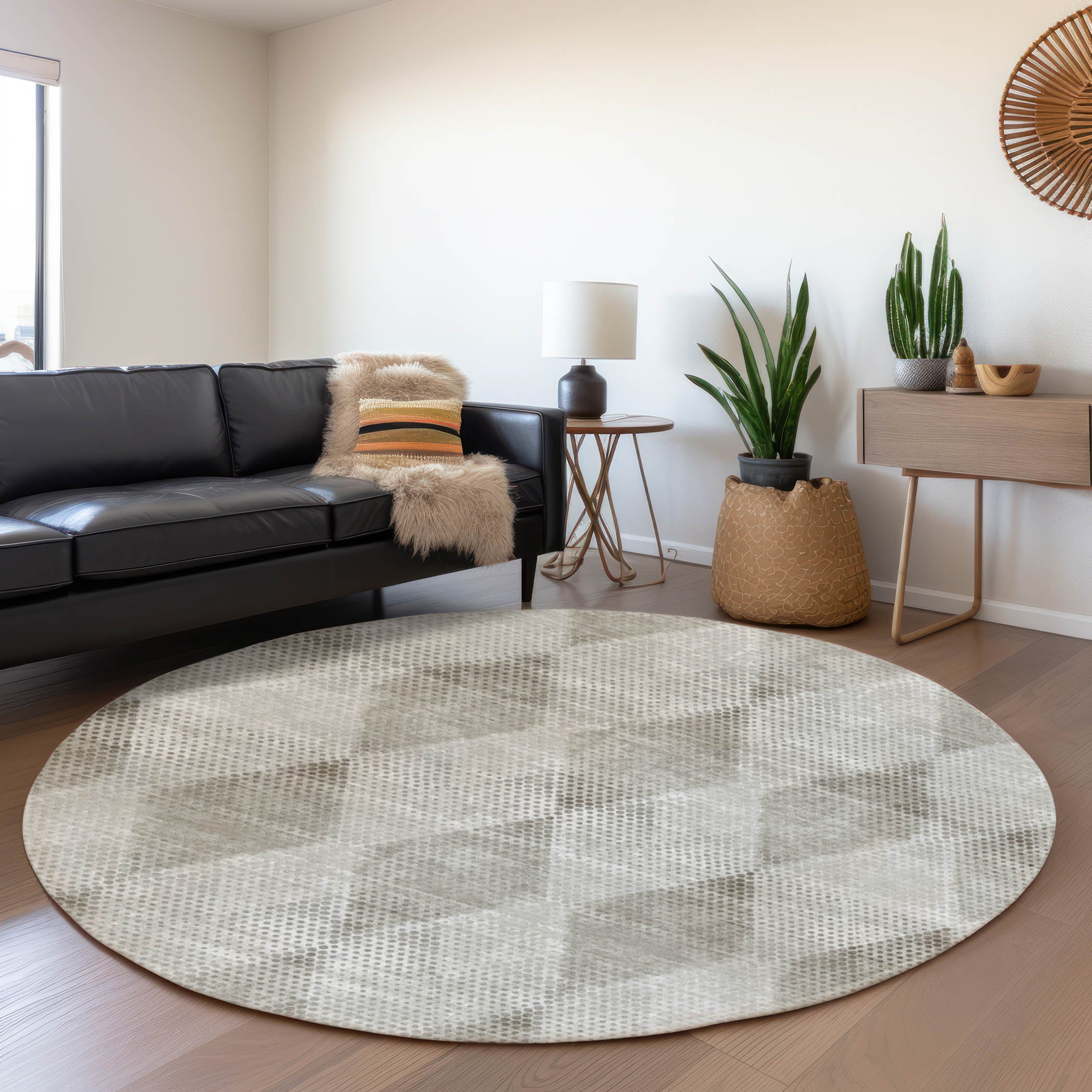 Kyoto Machine Washable Transitional Gray Rug 8' x 8' #shape_Round