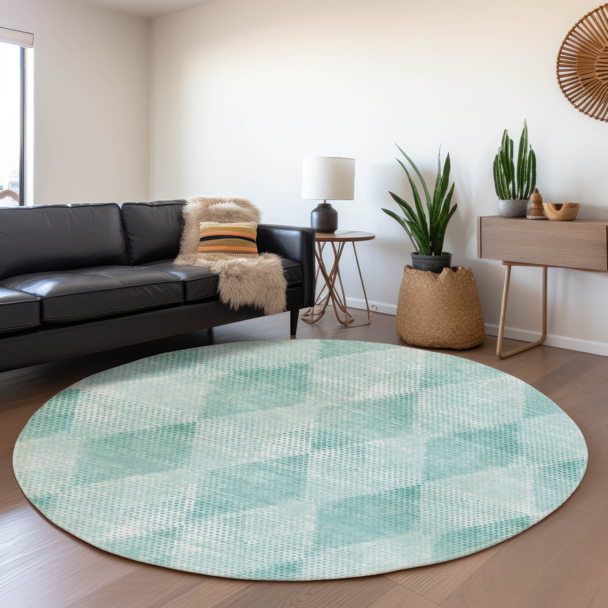Kyoto Machine Washable Transitional Teal Rug 8' x 8' #shape_Round